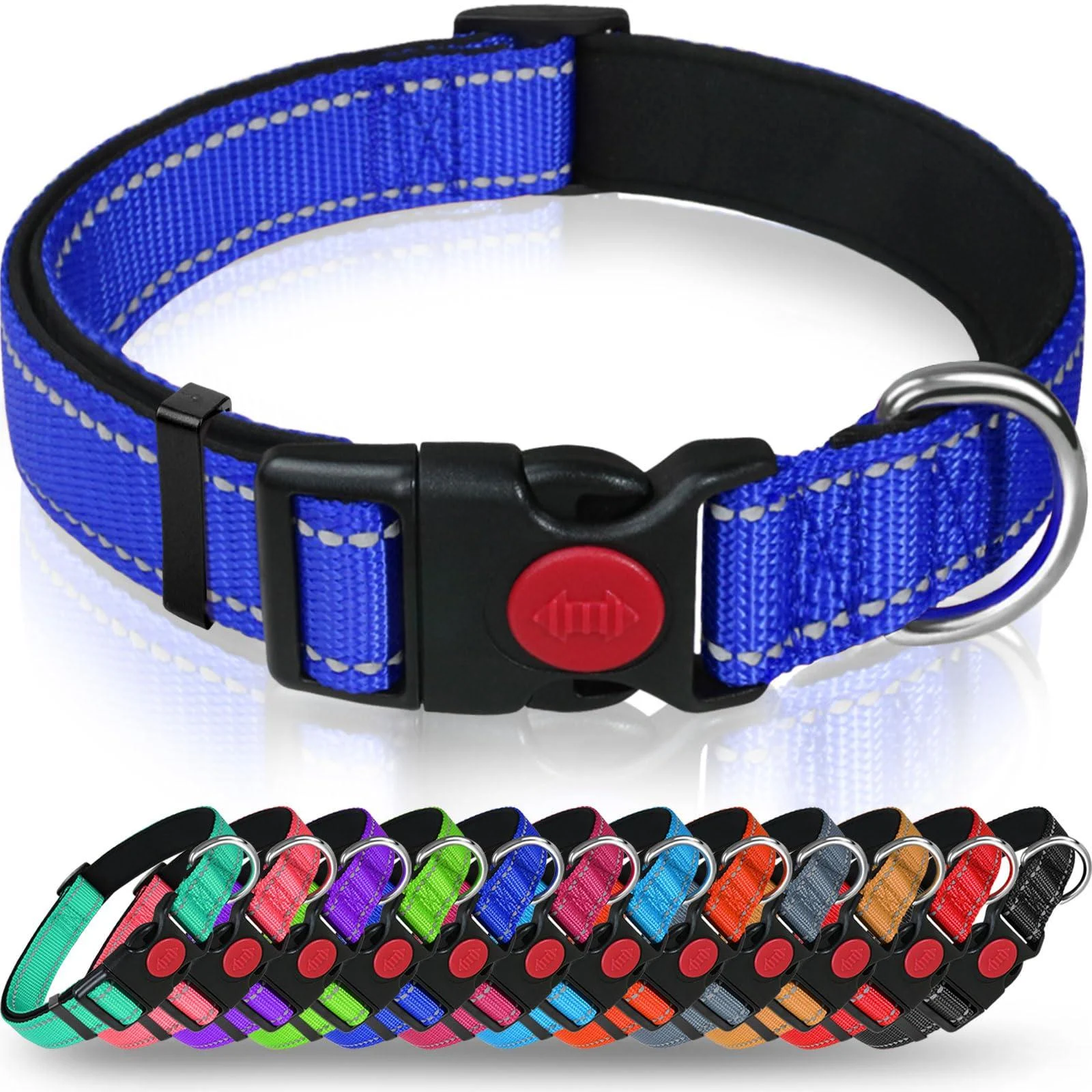 Taglory dog collar soft padded neoprene nylon dog collar for medium dogs adjustable and reflective for training dark blue M (1 -pack) dark blue