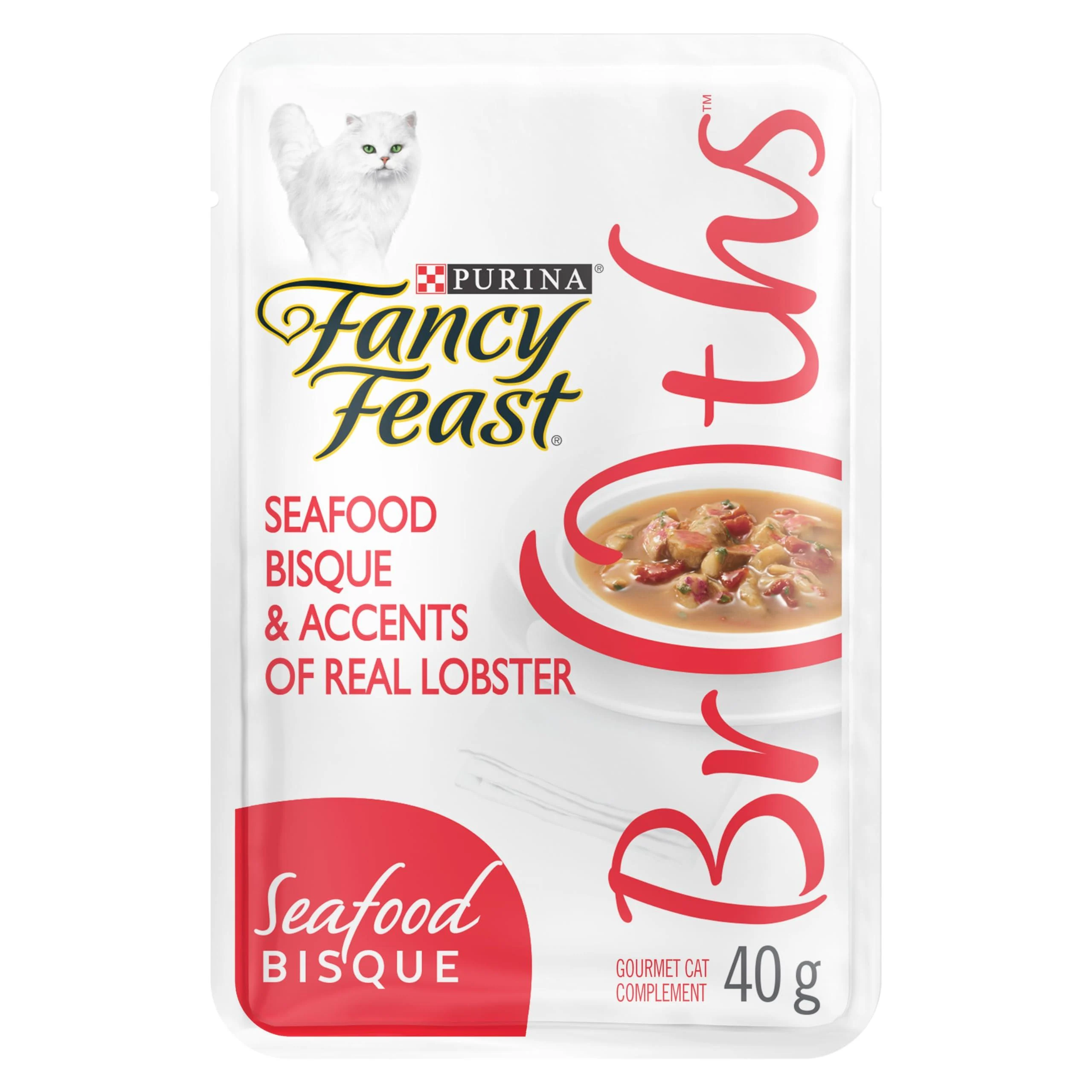 Fancy Feast Broths Cat Food Complement Seafood Bisque with Real Lobster - 40 g Pouch (16 Pack) Seafood Bisque with Lobster 16