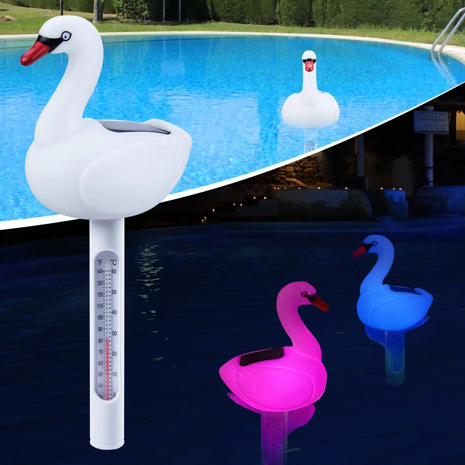 Kingsom floating pool thermometer solar floating pool thermometer with color -changing swan light easy to read water temperature thermometer at night swan floating pool thermometer for spa
