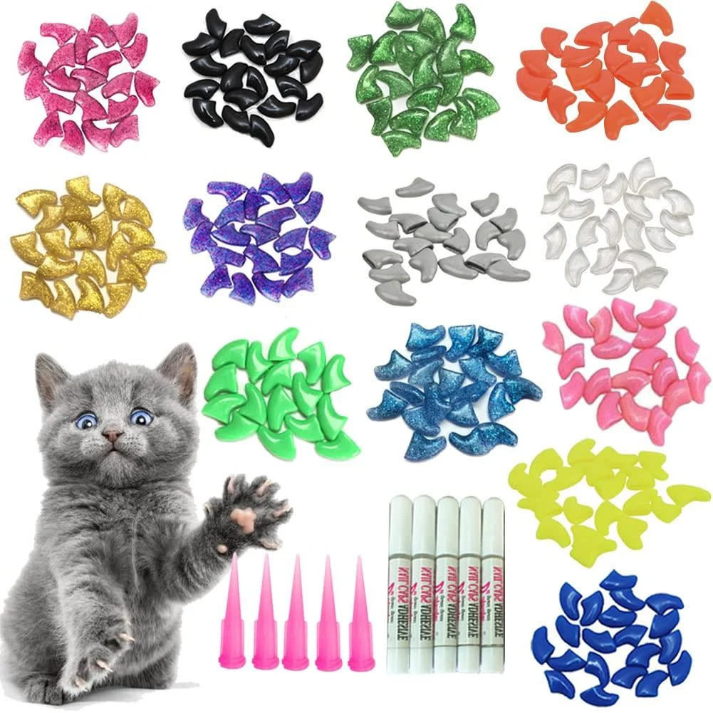 YMCCOOL 100pcs Cat Nail Caps/Tips Pet Cat Kitty Soft Claws Covers Control Paws of 10 Nails Caps and 5Pcs Adhesive Glue 5 Applicator with Instruction XS