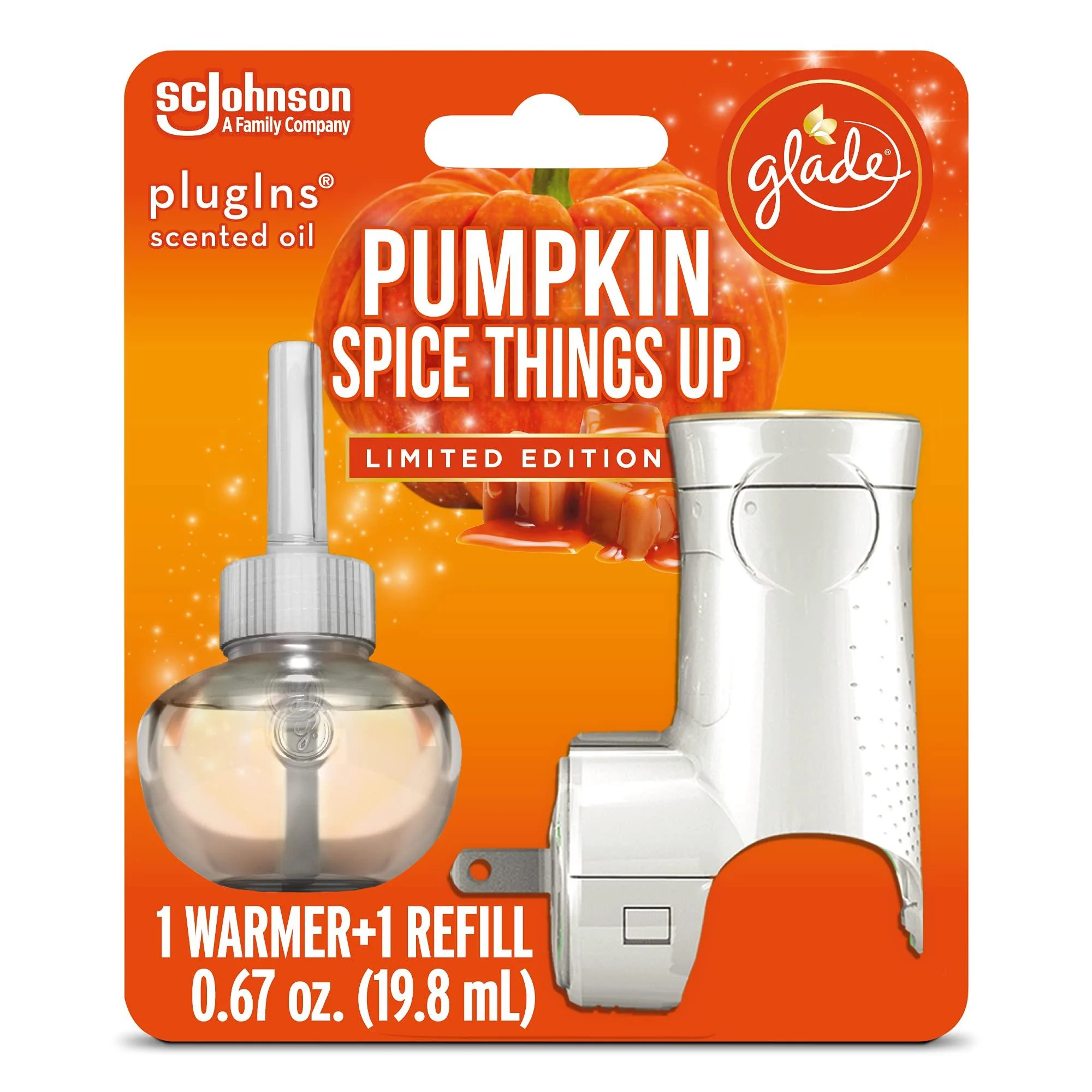 Glade PlugIns Refills Air Freshener Starter Kit Scented and Essential Oils for Home and Bathroom Pumpkin Spice Things Up 0.67 Fl Oz 1 Warmer + 1 Refill