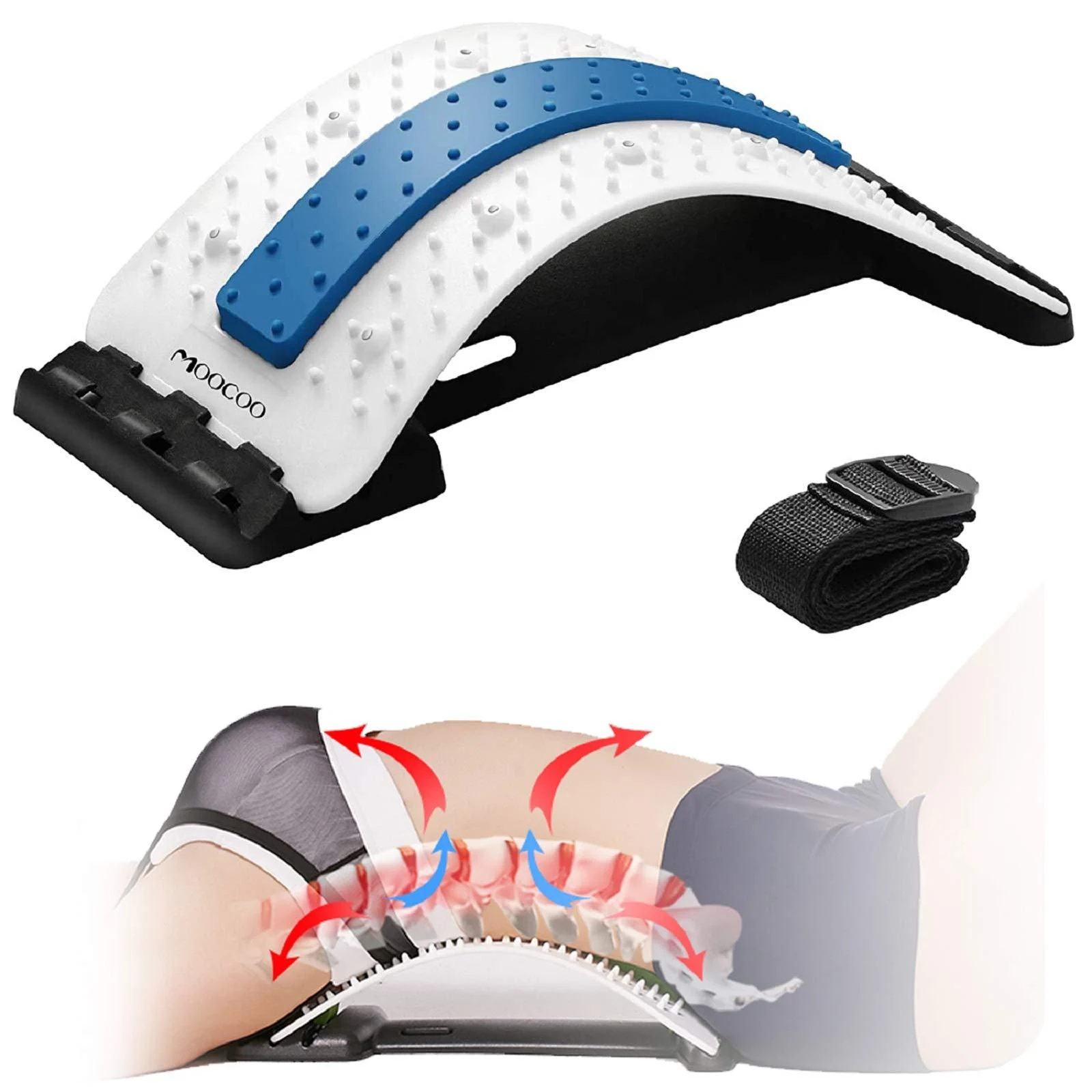 Back Stretcher, Moocoo Lower Back Pain Relief Device with Magnet, Multi-Level Back Cracker Back Massager, Lumbar Support Spine Board for Herniated Disc, Sciatica, Scoliosis (White) Blue-white