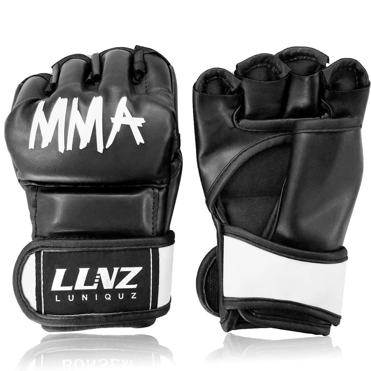Luniquz MMA Gloves for Kids Adults Punching Bag Boxing Sparring Grappling, Half Finger with Thick Padding Long Wrist Wrap Black Small