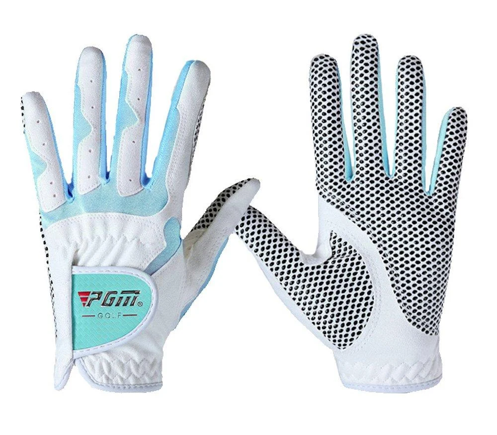 PGM Women's Golf Glove One Pair (4 Color Options), Improved Grip System, Cool and Comfortable white blue Small