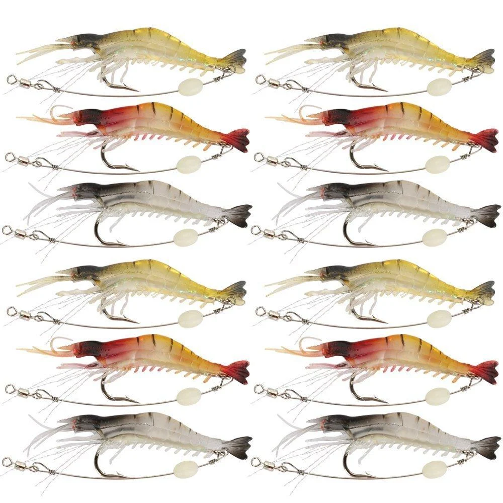 Goture Soft Shrimp Lures Fishing Saltwater Luminous Shrimp Bait Set Fishing Lures with Sharp Hooks for Freshwater Saltwater Trout Bass Salmon Crappie Walleye Pike Perch 3.54in/0.21oz 12Piece