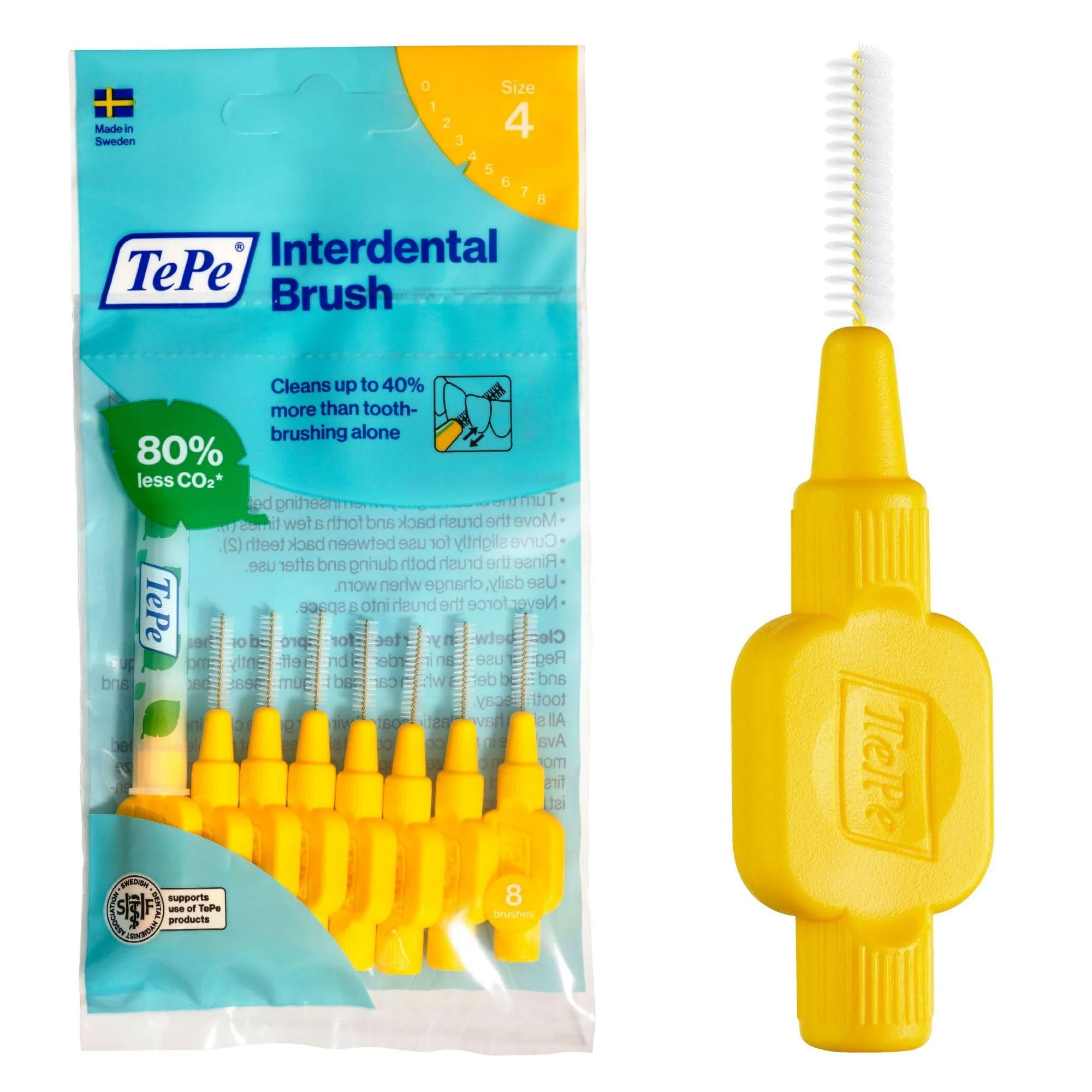 TePe Interdental Brush Original Yellow 0.7 mm/ISO 4 8pcs plaque removal efficient clean between the teeth tooth floss for narrow gaps 8 count (Pack of 1) Yellow (Size 4)