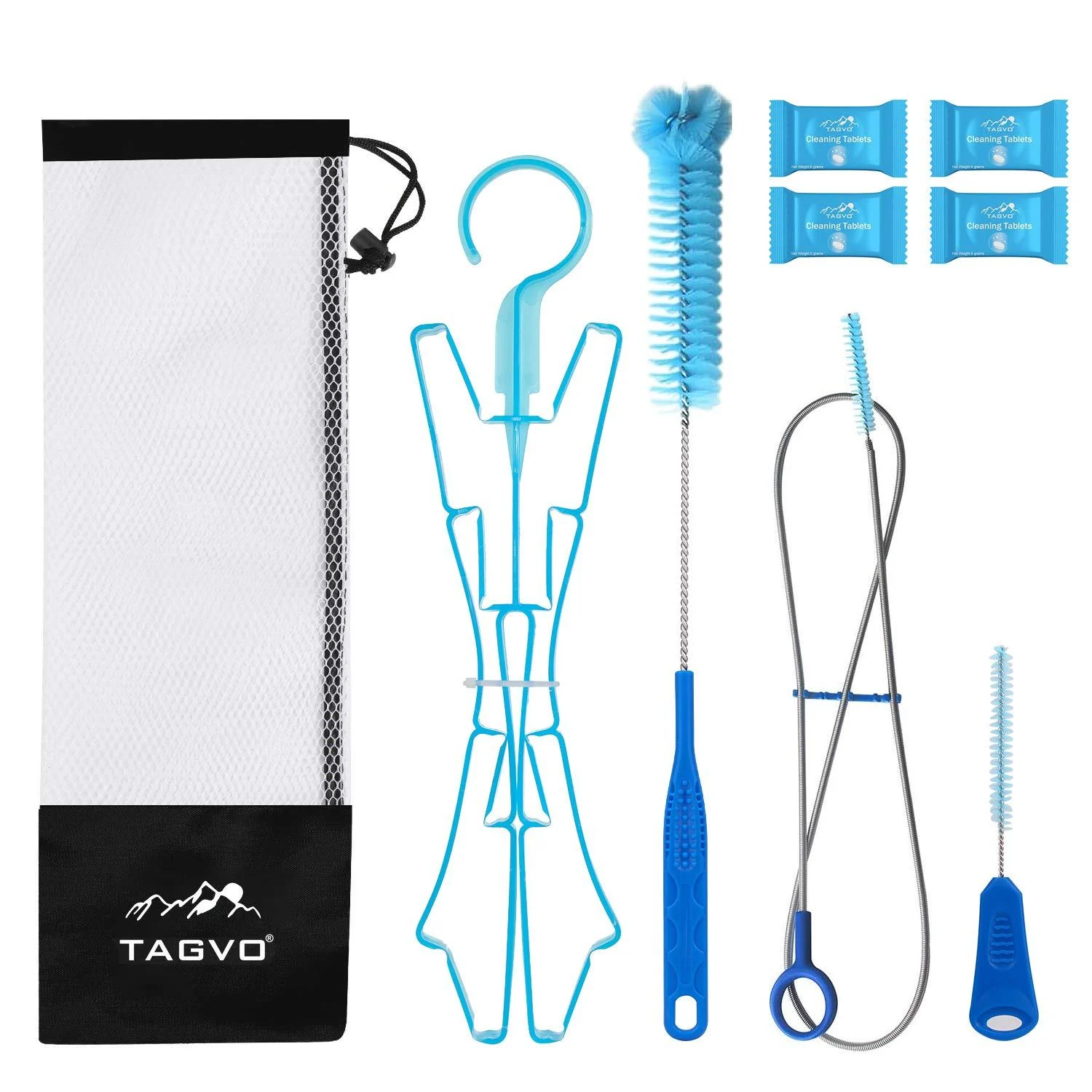 TAGVO Hydration Bladder Tube Brush Cleaning Kit, 6 in 1 Water Bladders Cleaning Set - Long Brush, Small Brush, Big Brush, Collapsible Hanger, 12 x Cleaning Tabs, Carrying Pouch
