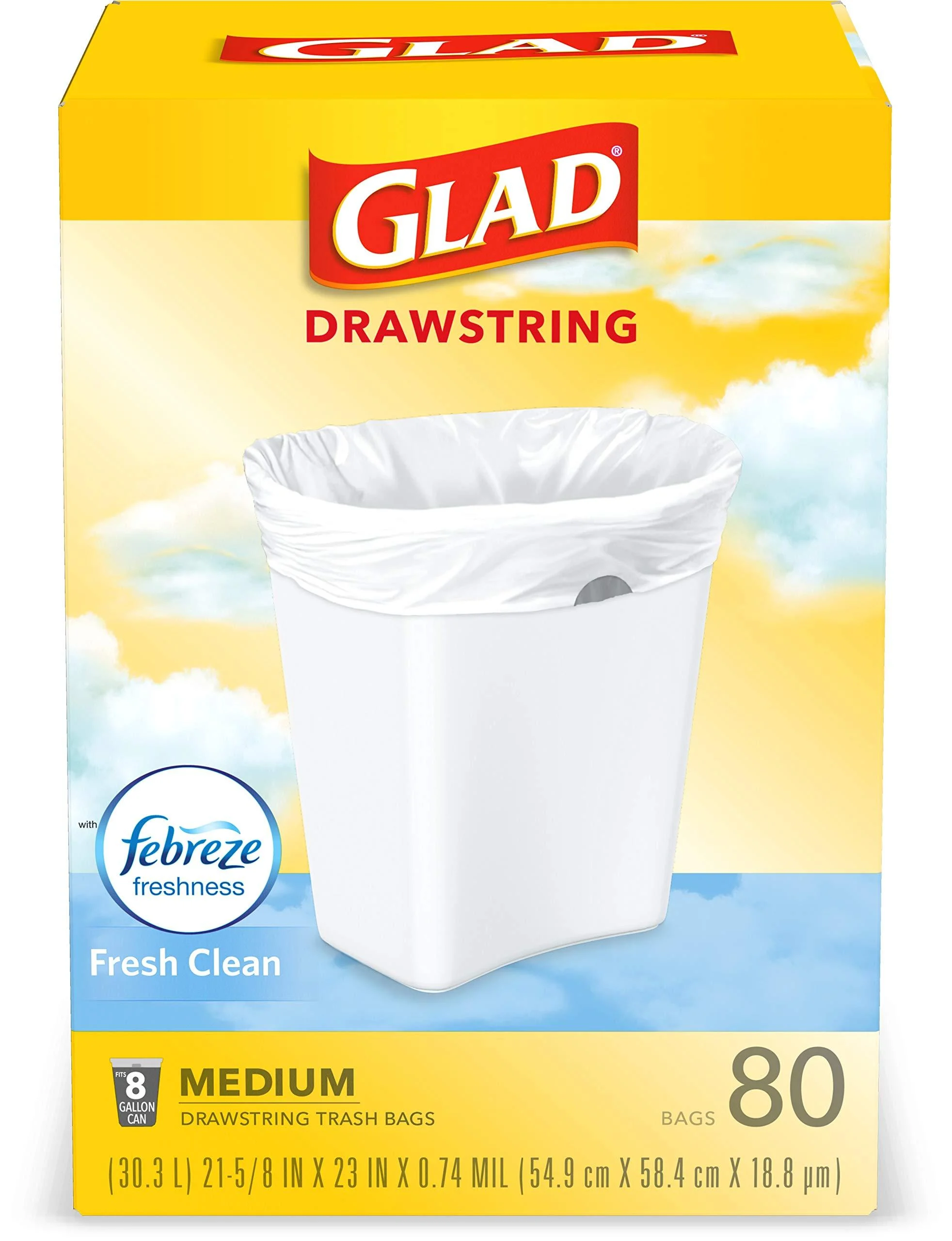 Glad Trash & Food Storage Medium Kitchen Drawstring Trash Bags 8 Gallon White Trash Bag, Fresh Clean Scent, 80 Count (Package May Vary)