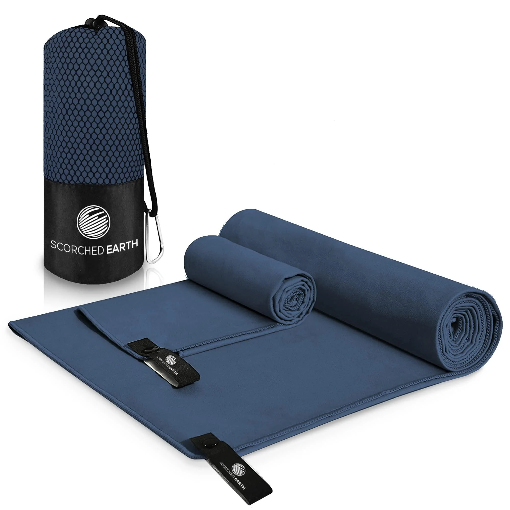 ScorchedEarth Microfiber Travel & Sports Towel Set - Quick Dry, Super Absorbent, Compact, Lightweight - for Camping, Backpacking, Hiking, Beach, Yoga, Swimming - Includes 2 Sizes + Carrying Bag & Clip True Navy Medium Set (20x40 & 12x24)