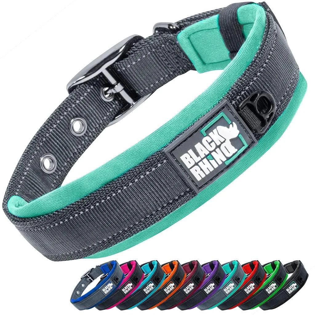 Black Rhino - The Comfort collar super soft neoprene posted dog collar for all dog breeds - highly contaminable adjustable reflective weatherproof (XL aqua/gray) Aqua/gray XL