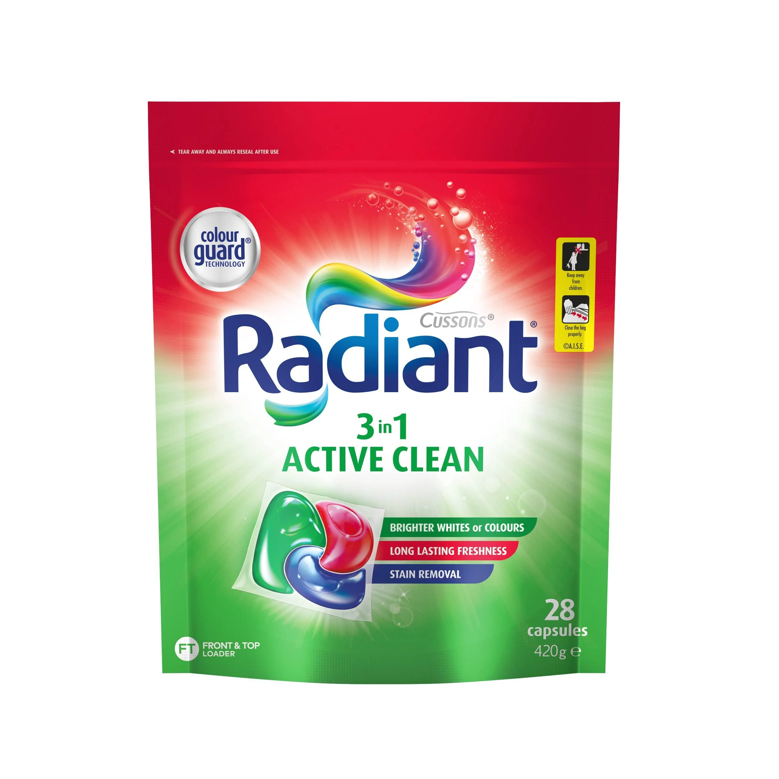 Radiant Active Clean 3-In-1 Laundry Detergent 28 Capsules Multicolor 420 g (Pack of 1) Active Clean 28 g (Pack of 1)