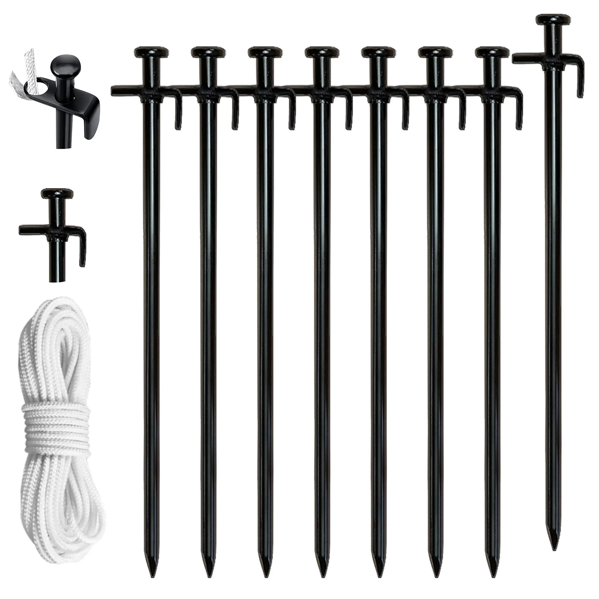 Eurmax USA 12 inch Multiuse Heavy Duty Steel Tent Stakes Tarp Pegs Camping Stakes for Outdoor Camping Canopy and tarp with 4 Ropes 10FT Length(Black)