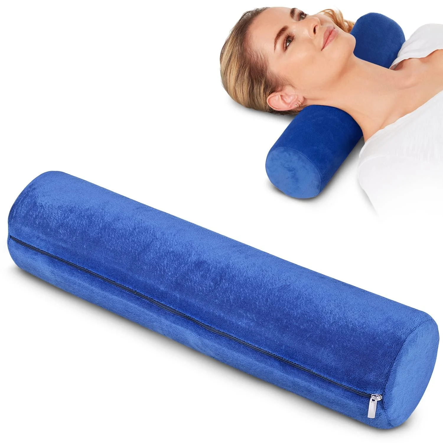 Round Cervical Roll Cylinder Bolster Pillow, Memory Foam Removable Washable Cover, Ergonomically Designed for Head, Neck, Back, and Legs || Ideal for Spine and Neck Support During Sleep Blue - AllSett Health