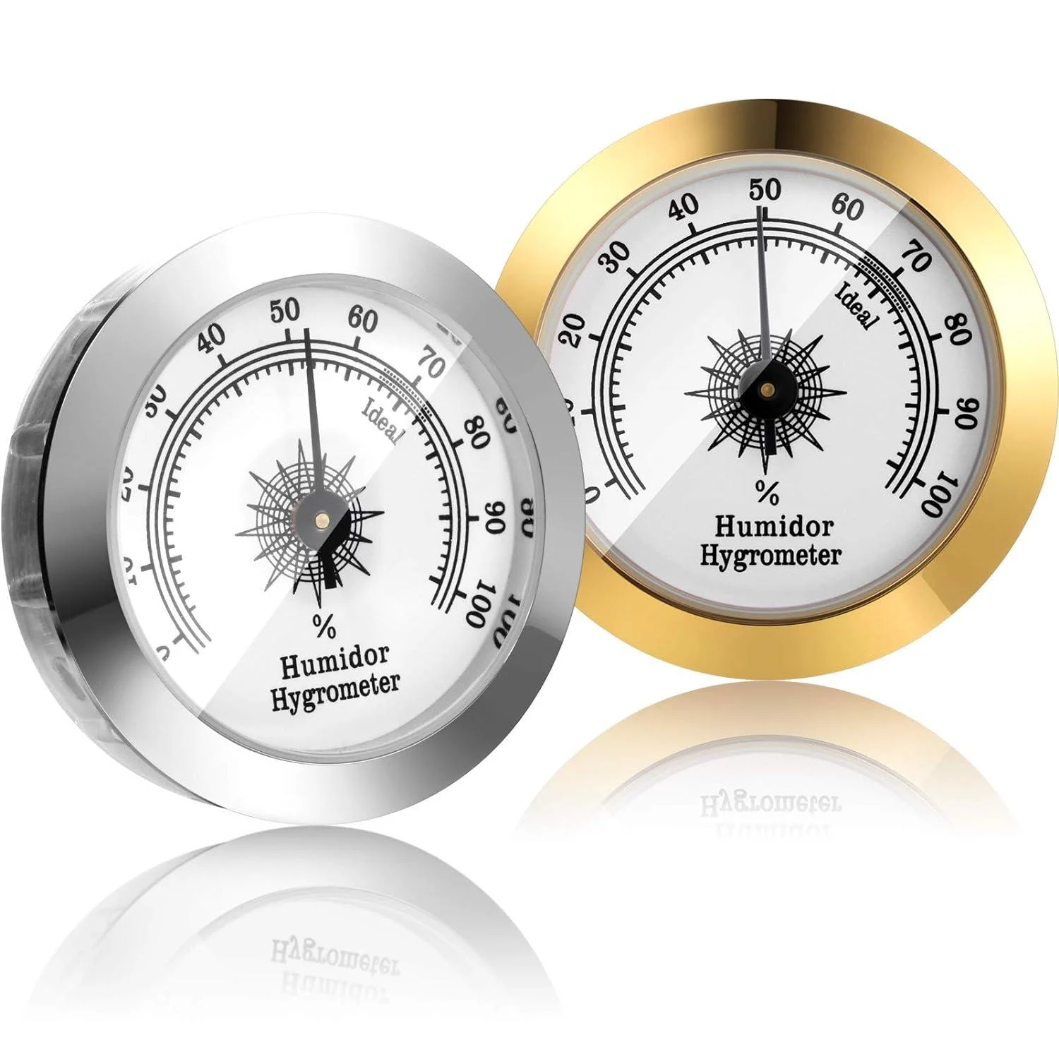 2 Pieces Hygrometer Analog Hygrometer Mechanical Round Hygrometer Humidity Gauge for Cabinet Cans, 2 Inch (Silver, Gold) - Generic