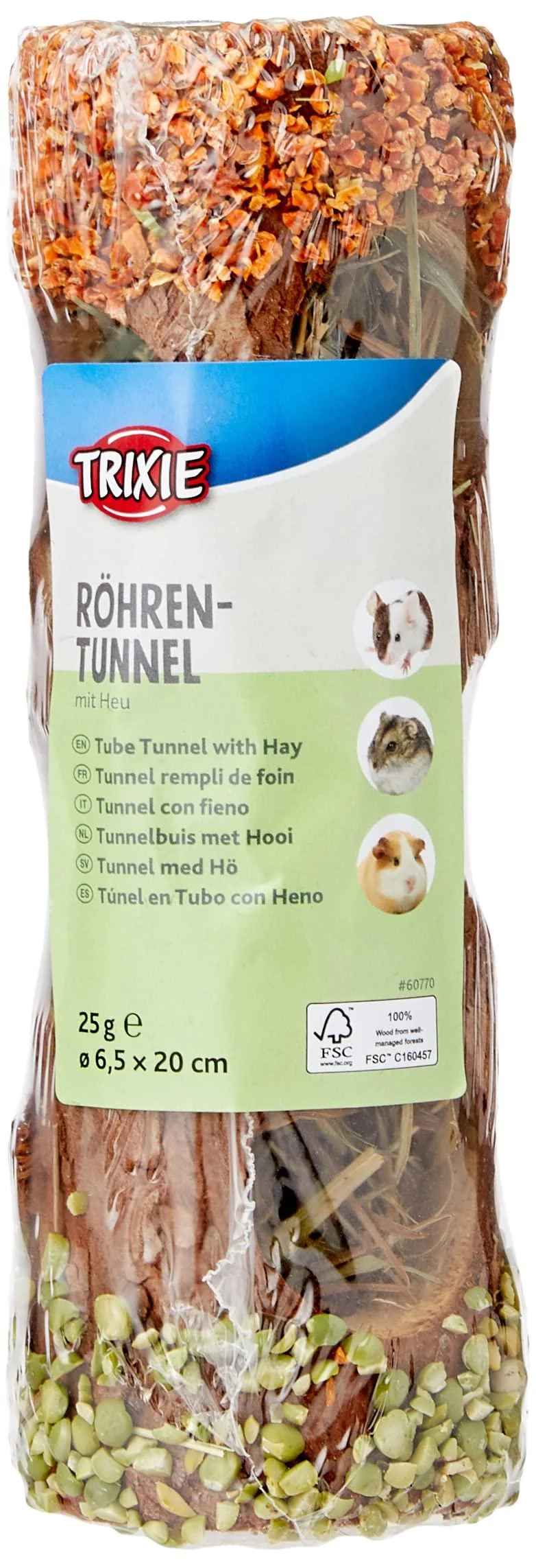 Trixie 60770 Natural Snack Tube Tunnel with Hay Filling for Small Rodents & Rabbits (Hibiscus Blossoms 20 cm/25g)