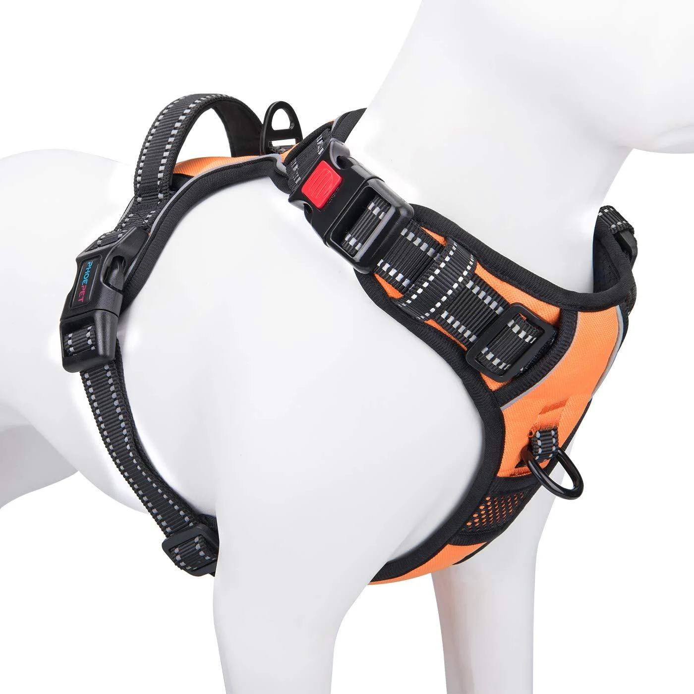 PHOEPET No Pull Dog Harness Reflective Adjustable Vest with a Training Handle, Name ID Pocket, 2 Metal Leash Hooks, 3 Snap Buckles Easy to Put on & Take Off Medium Orange