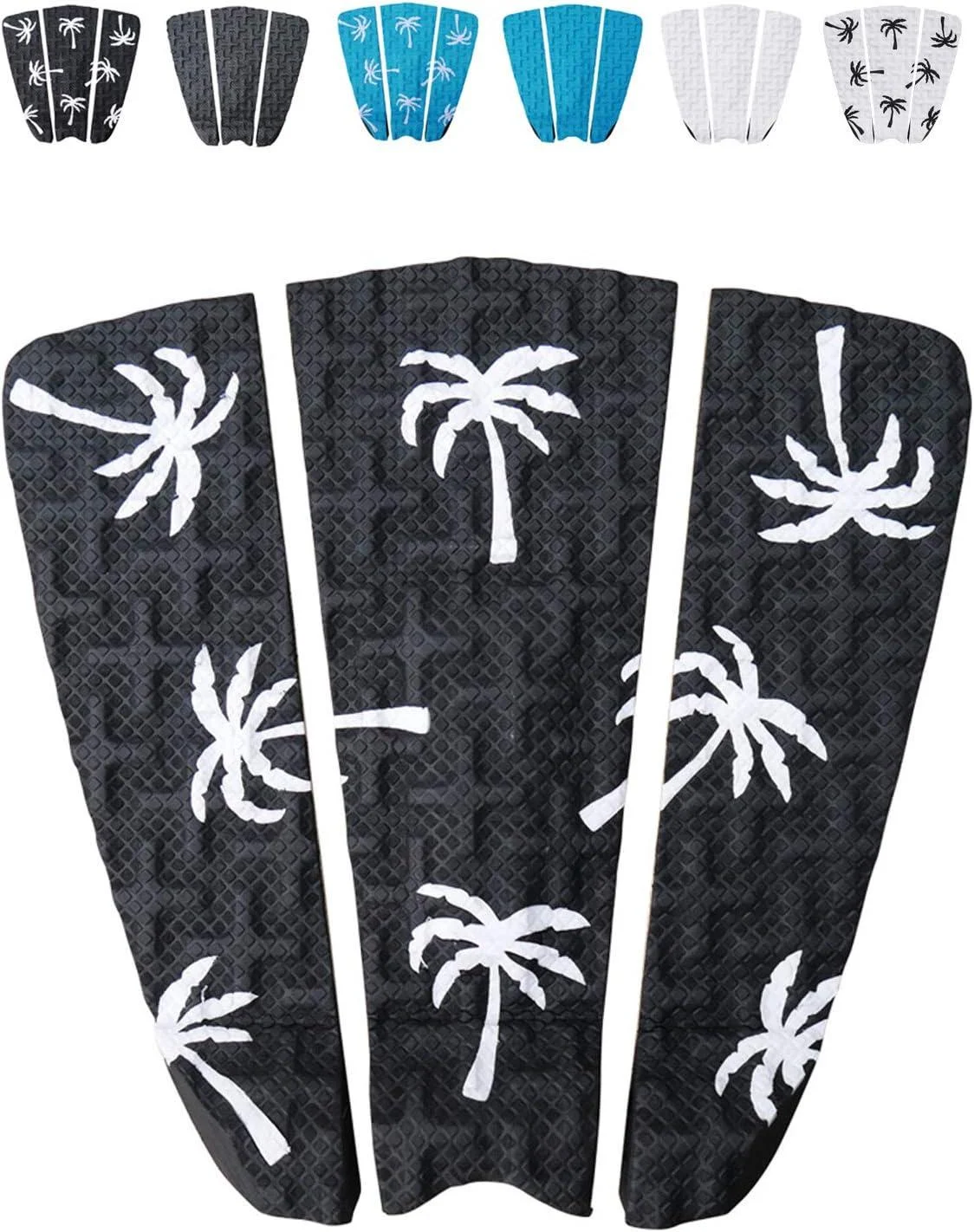 Ho Stevie! Premium Surfboard Traction Pad Black with White Palm Trees 3 Piece, Full Size, Maximum Grip, 3M Adhesive, for Surfing or Skimboarding