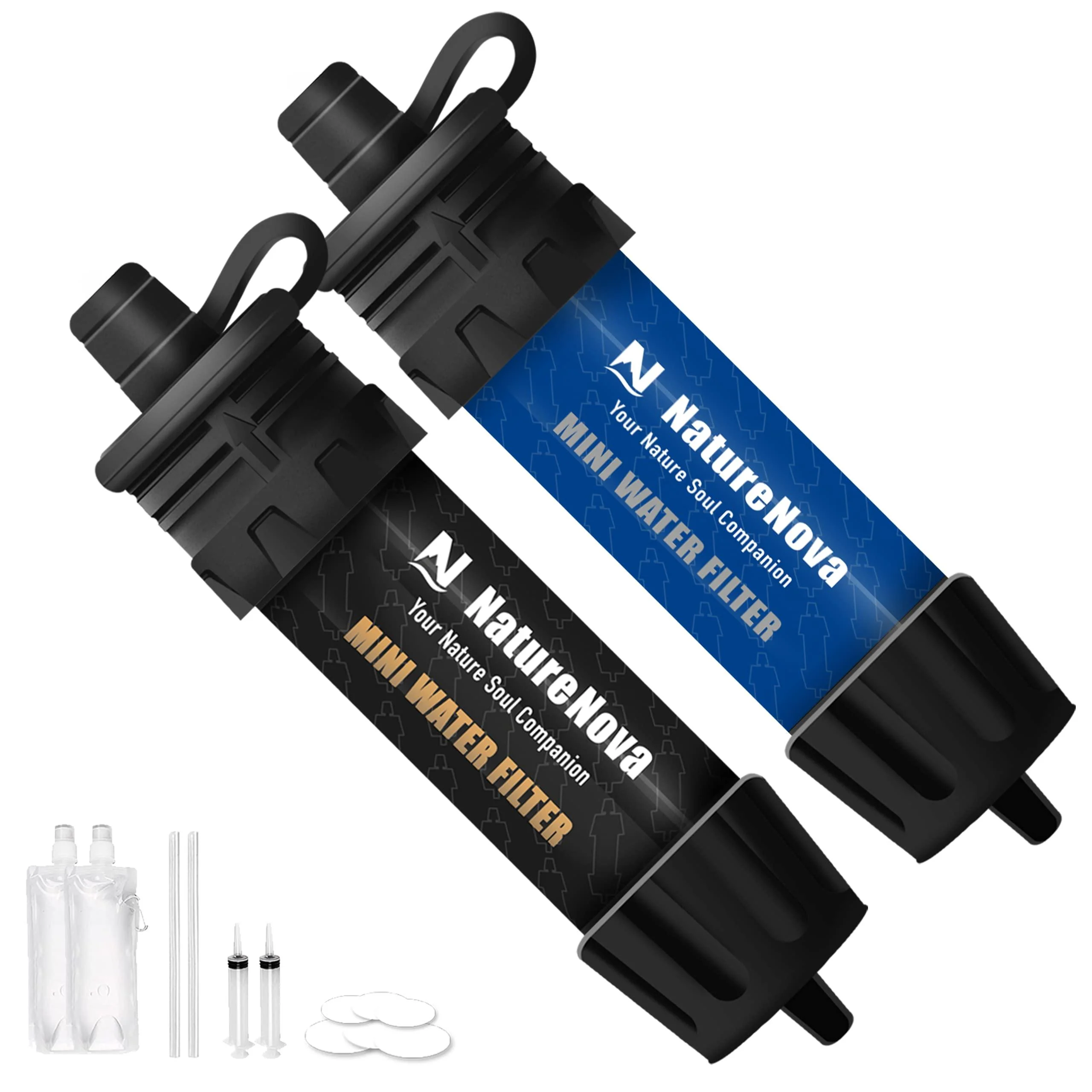 Mini Water Filter NatureNova Portable Emergency Water Filtration System Hiking Camping Straw Survival Gear Emergency Preparedness 2-pack Blue/Black-2