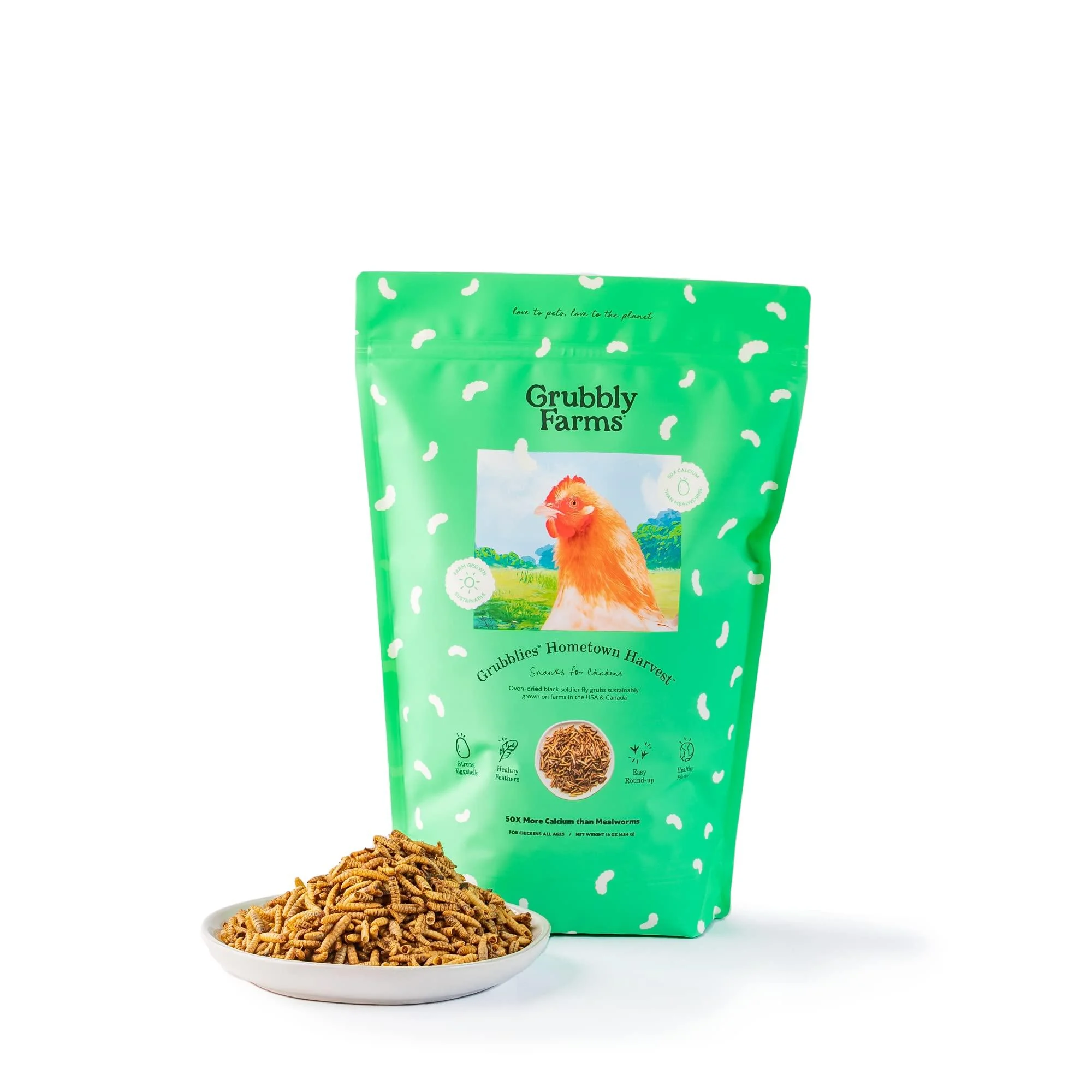 Grubblies - Healthier Than Mealworms for Chickens - Chicken Treats, Chicken Feed Supplement with 50x Calcium, Black Soldier Fly Larvae, Natural Grubs for Chickens, Hens, Birds, Ducks, Rooster Hometown Harvest - 1 LB