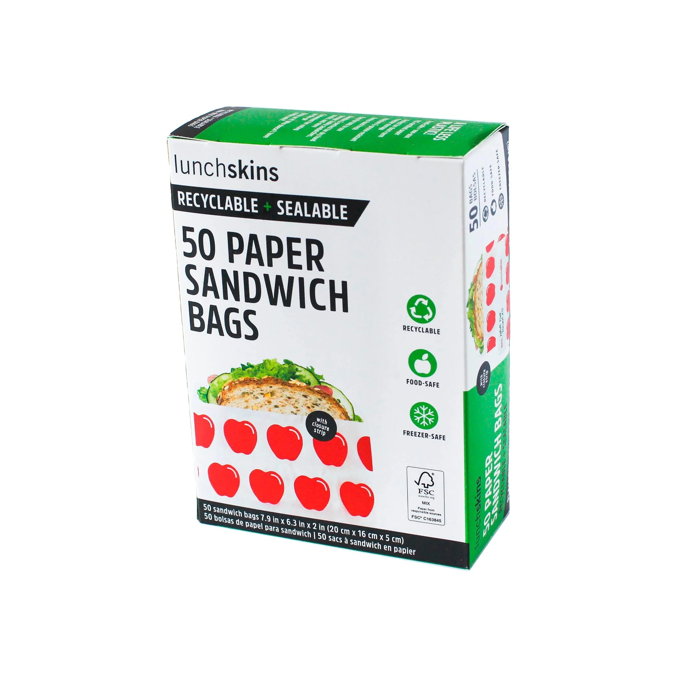 Lunchskins RB-50-SAND-APPLE Recyclable + Sealable Paper Sandwich Bags, 50 Count, Apple, (Pack of 1) Apple Sandwich (Pack of 1)