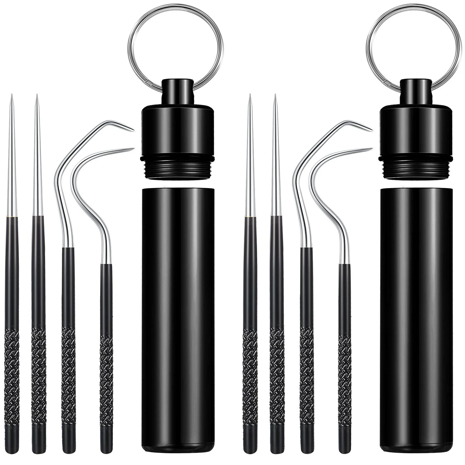 Portable Titanium Toothpicks Pocket Set Reusable Metal Stainless Steel Toothpicks with Holder for Outdoor Picnic and Camping (Black 2 Sets) 2 Black - Patelai