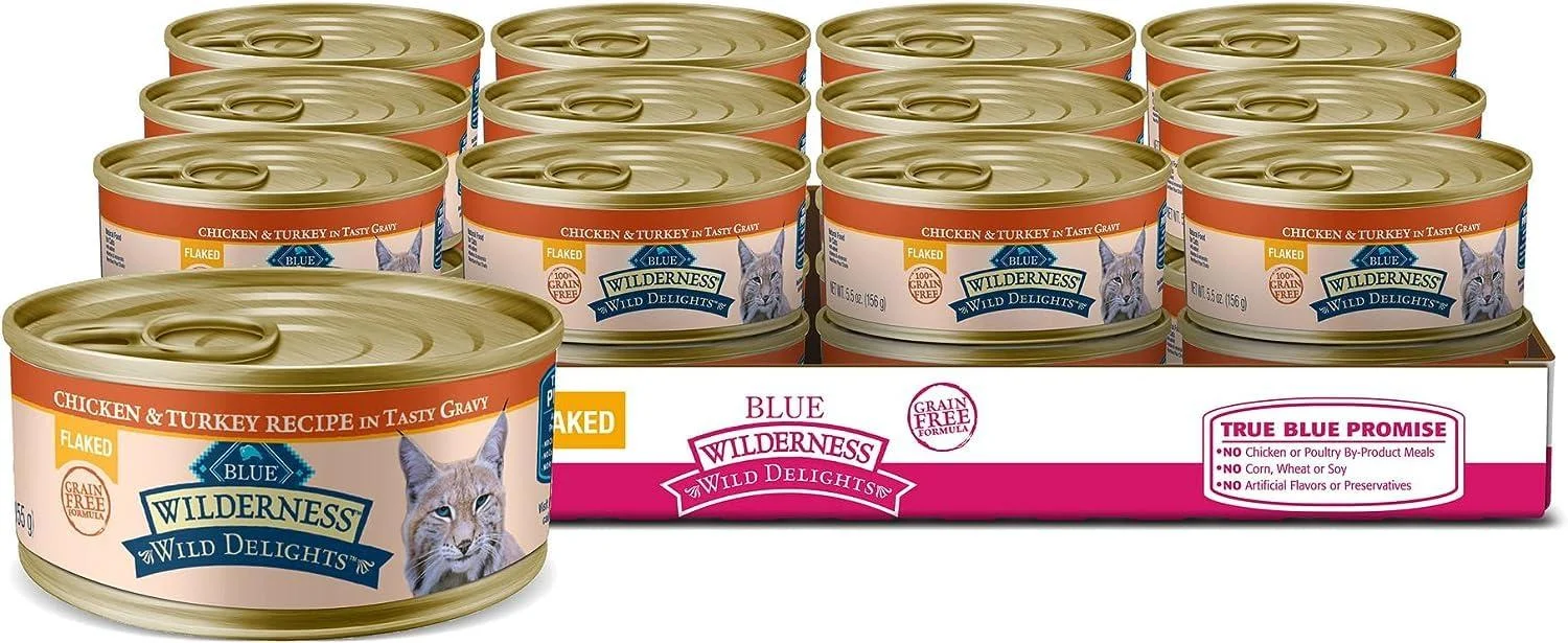 Blue Buffalo Wilderness Wild Delights Natural Wet Cat Food Chicken & Turkey Flaked 5.5oz (Pack of 24) Large Cans Flaked Chicken & Turkey