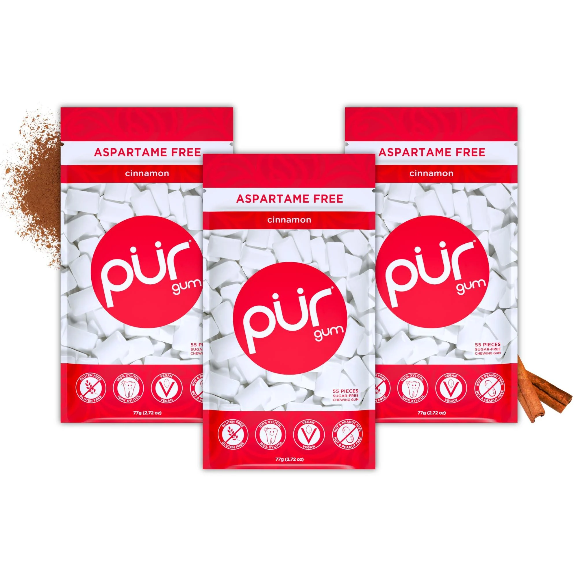 PUR GUM |Sugar -free chewing gum |100% xylitolVegan aspartam -free gluten -free & diabetic -friendly |Natural chewing gum with cinnamon taste 55 pieces (3 pack) Cinnamon 55 pieces (3 pack)