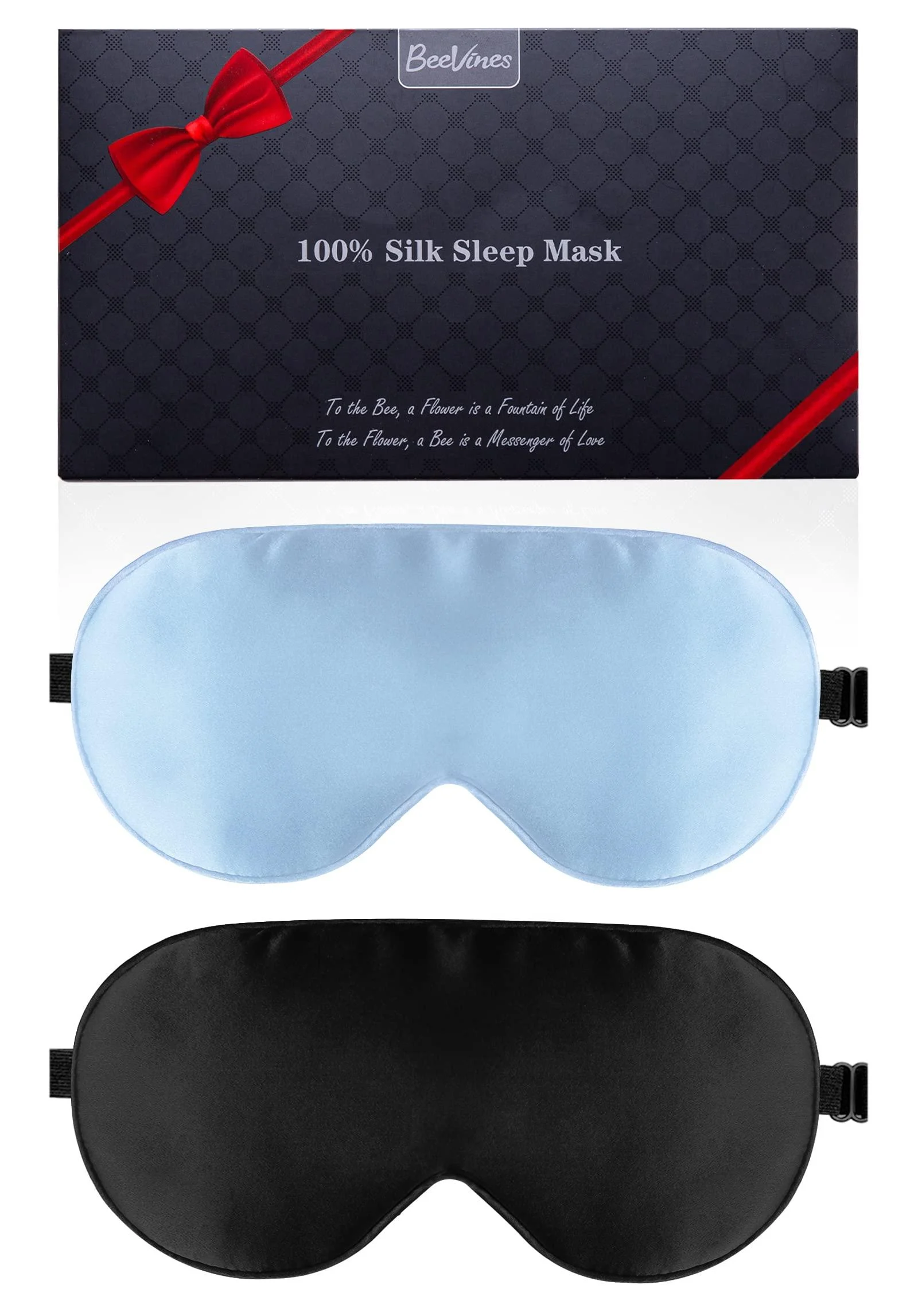 Silk Sleep Mask 2 Packs 100% Real Natural Silk Eye Mask with Adjustable Straps Eye Sleep Mask BeeVines Summer Travel Eye Sleep Sunshade to Reduce Puffy Eyes (Black & Pastel Blue) 10- Black & Pastel Blue