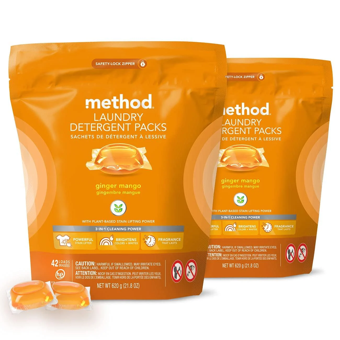 Method Laundry Detergent Packs Ginger Mango 42 Packs per Bag Hypoallergenic Formula & Plant-Based Stain Remover Solution that Works in Hot & Cold Water (Pack of 2) 42 Count (Pack of 2)
