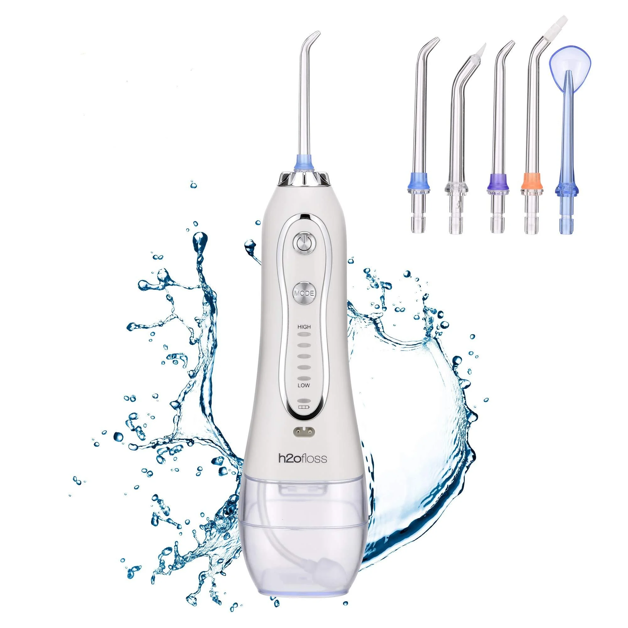 H2ofloss Water Flosser Portable Dental Oral Irrigator with 5 Modes, 6 Replaceable Jet Tips, Rechargeable Waterproof Teeth Cleaner for Home and Travel -300ml Detachable Reservoir (HF-6)