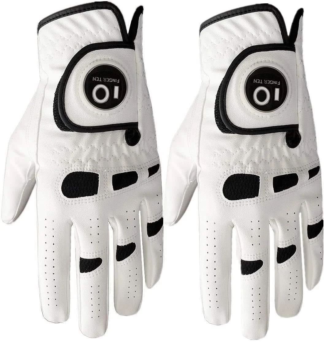 FINGER TEN Mens Golf Glove Left Hand Right with Ball Marker Value 2 Pack, Weathersof Grip Soft Comfortable, Fit Size Small Medium ML Large XL X-Large Left