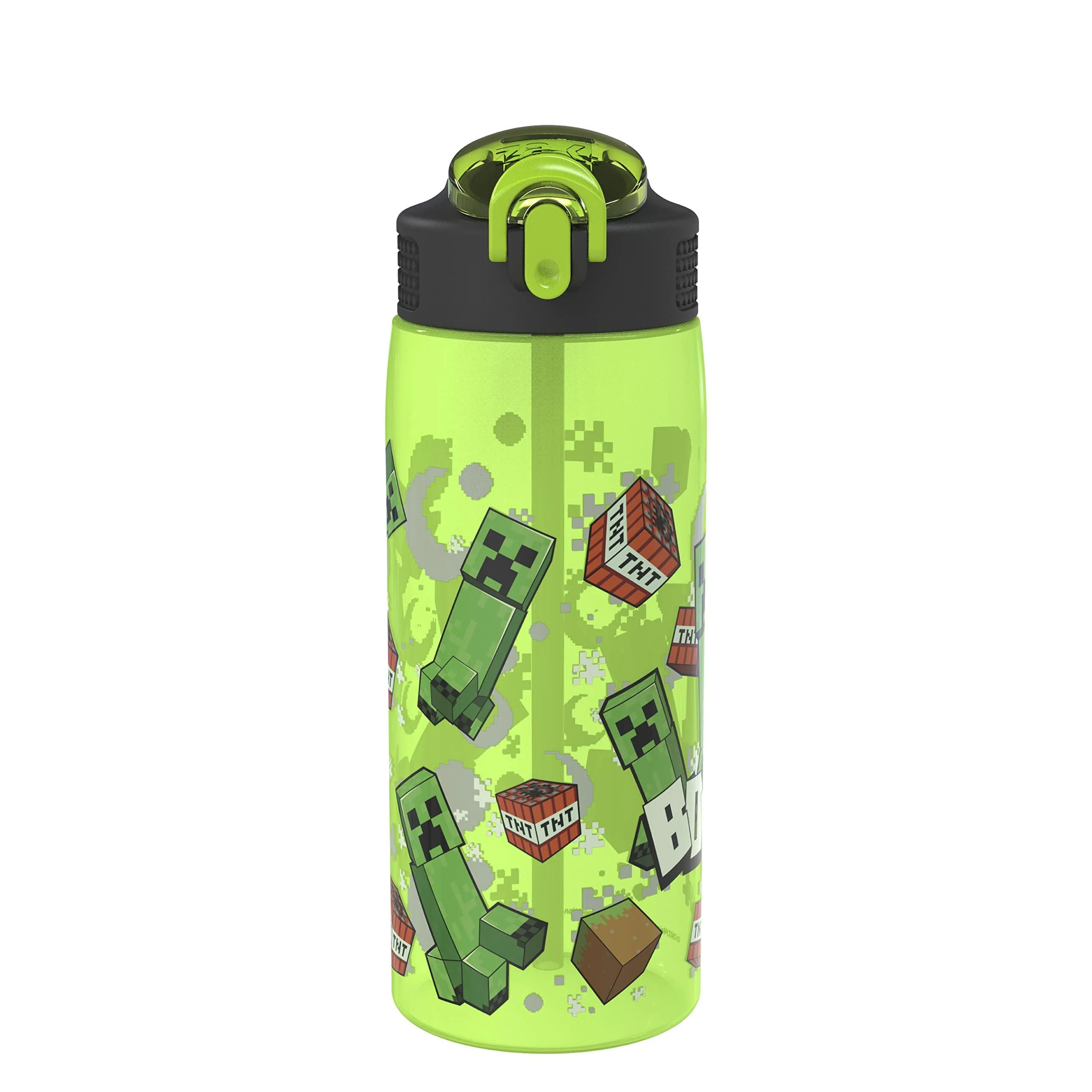 Zak Designs Minecraft Water Bottle For School or Travel 25 oz Durable Plastic Water Bottle With Straw Handle and Leak-Proof Pop-Up Spout Cover (Creeper) Minecraft 25oz