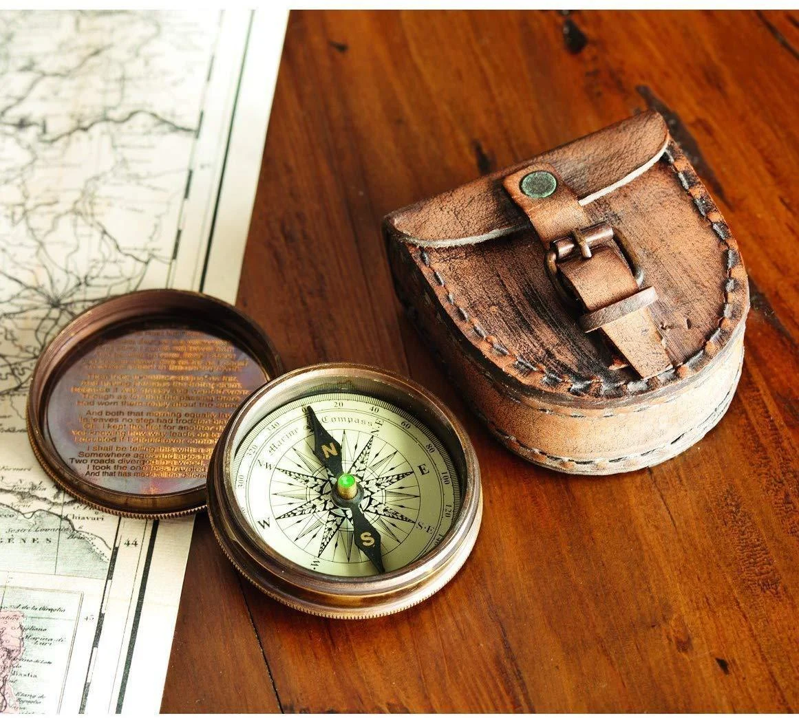 Antiqued Brass Poem Compass with Leather Case Halloween Decorations Costumes - Wind & Weather