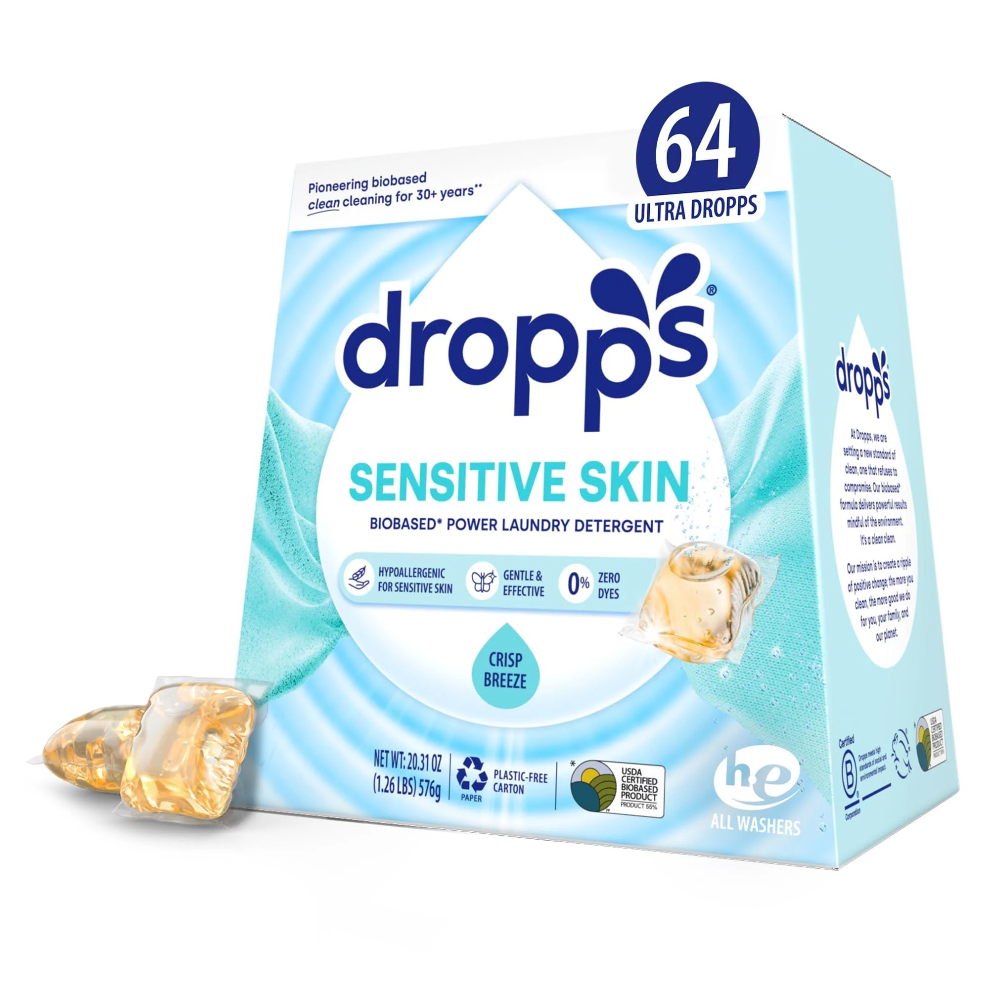 Dropps Sensitive Skin Laundry Detergent Pods Crisp Breeze (64 Tablets) - Dermatologist Tested Laundry Pods - HE Compatible Laundry Supplies for Clean Clothes Vegan & Dye-Free Fresh Air 64 Count (Pack of 1)