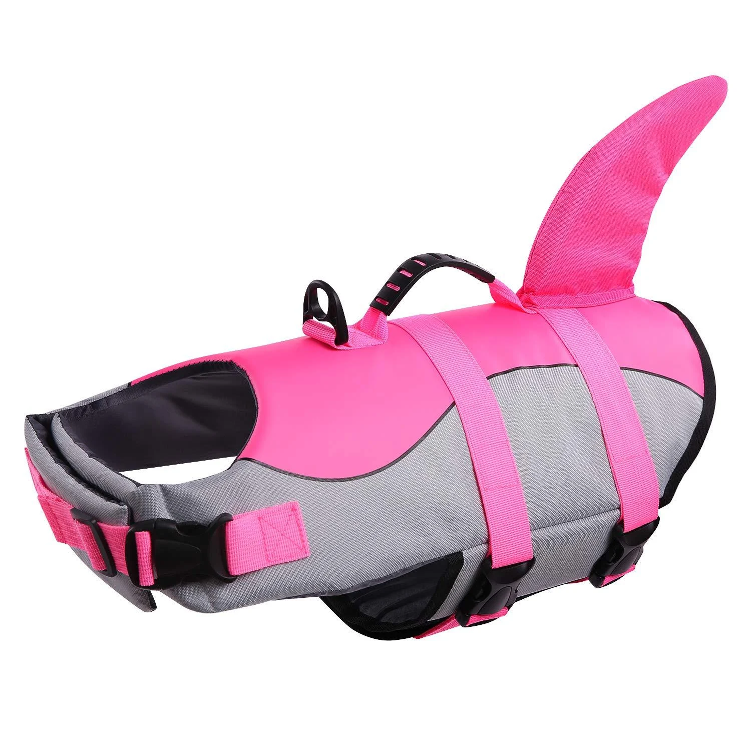 Queenmore Dog Life Jacket Ripstop Shark Dog Safety Vest Adjustable Preserver with High Buoyancy and Durable Rescue Handle for Small,Medium,Large Dogs, Pink Shark Large Large Fuchsia