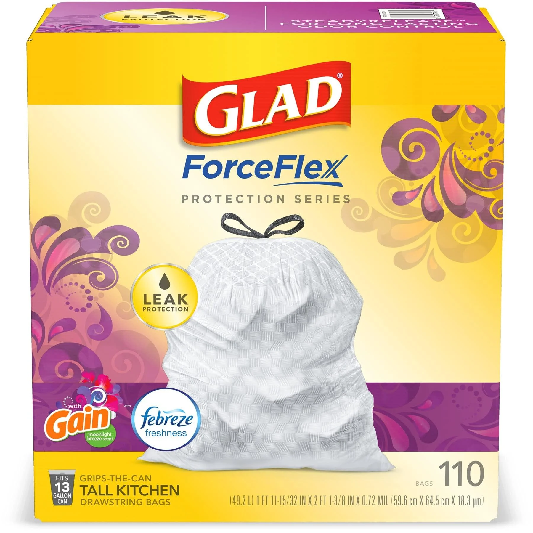 Glad Trash & Food Storage ForceFlex Protection Series Tall Trash Bags, 13 Gal, Gain Moonlight Breeze with Febreze, 110 Ct (Package May Vary)