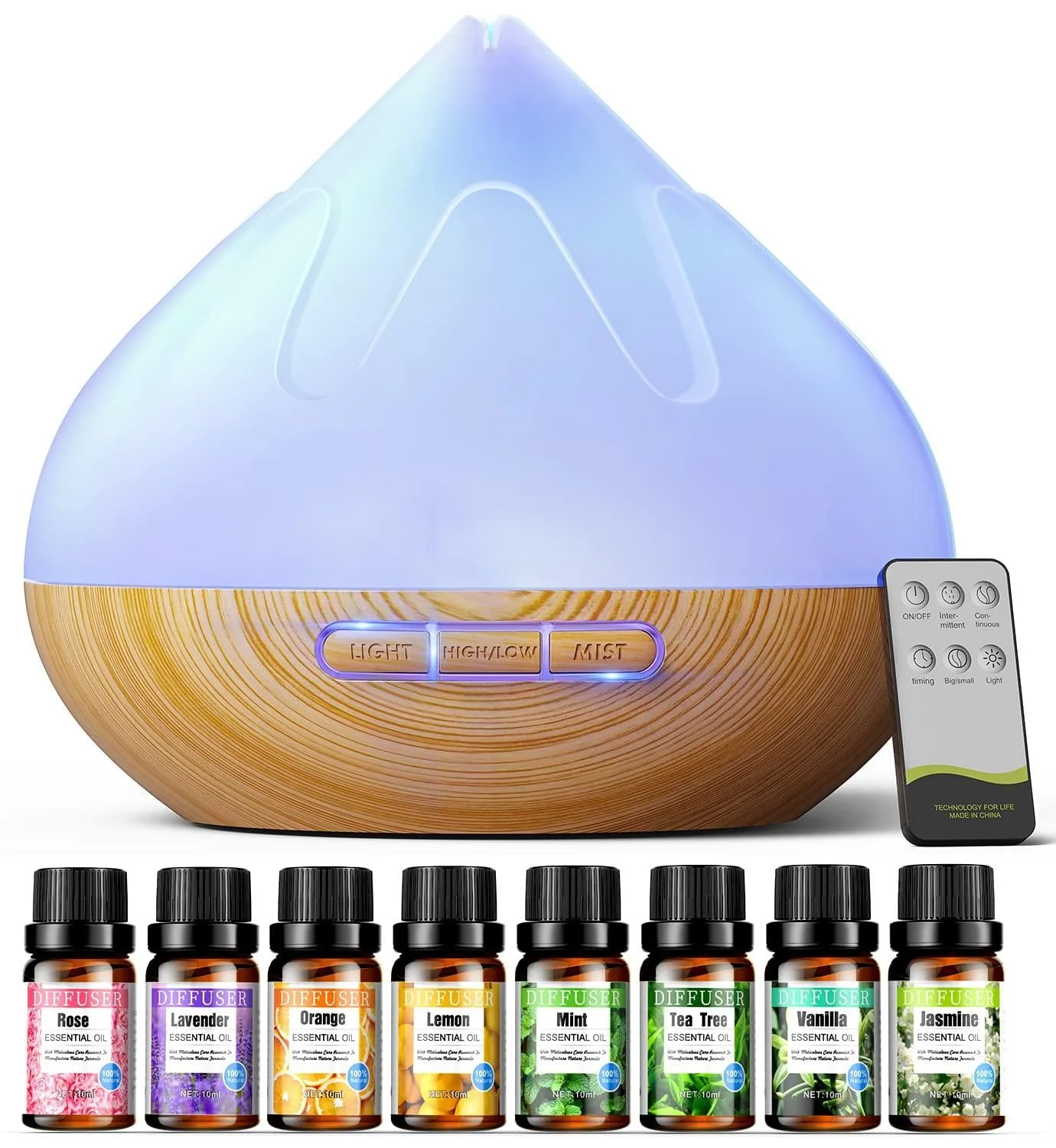 Aroma Diffiser with Essential Oils Set 500 ML Essential Oil Diffuser with Remote Control Humidifier with 14 Color Lights for Large Room 4 Timer Setting Auto Shut-Off