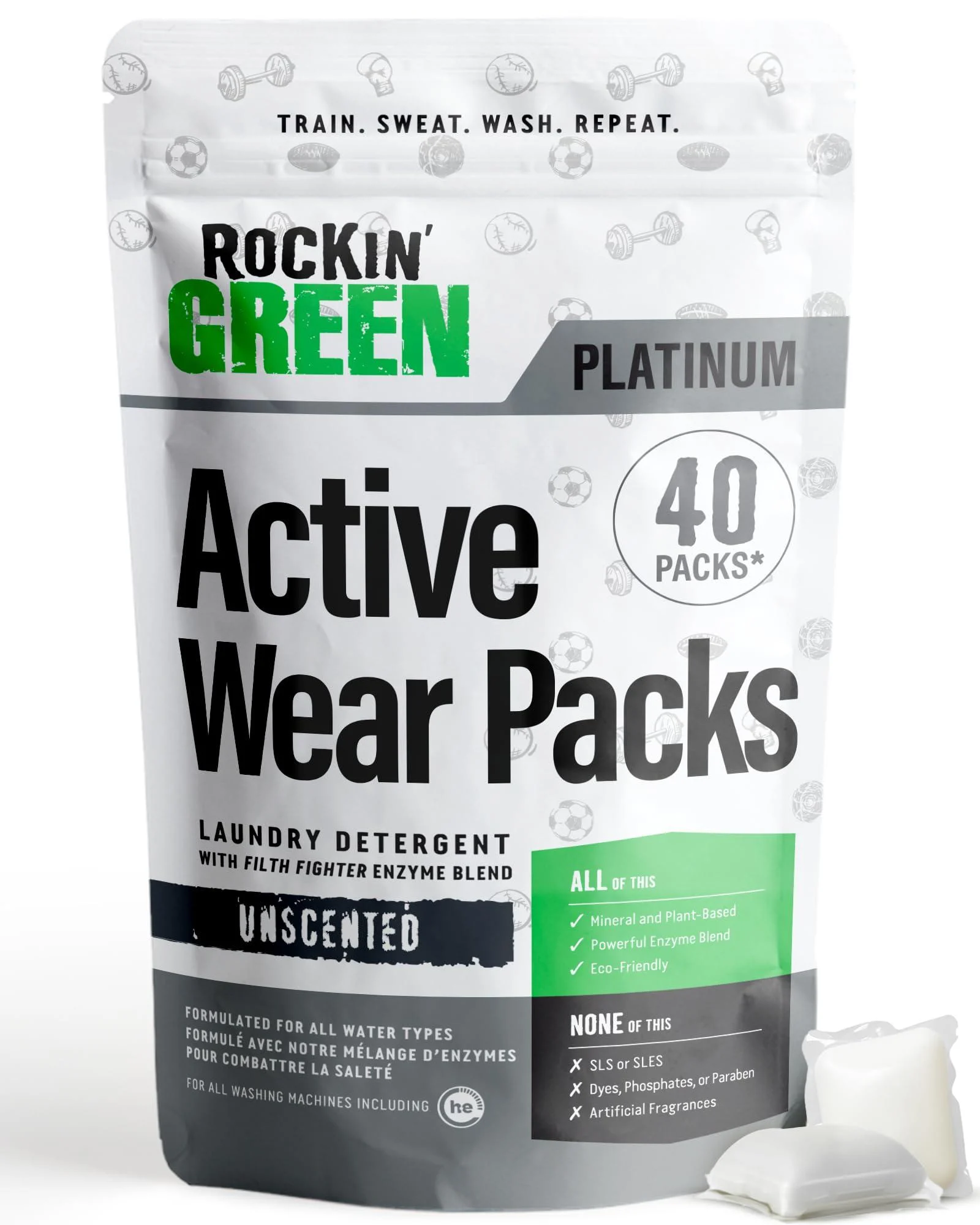 Rockin' Green Laundry Detergent Pods Plant based All Natural Laundry Detergent Pods Vegan and Biodegradable Odor Fighter Safe for Sensitive Skin (Active Wear 40 Pods - Unscented) Activewear_40 Loads pods Unscented