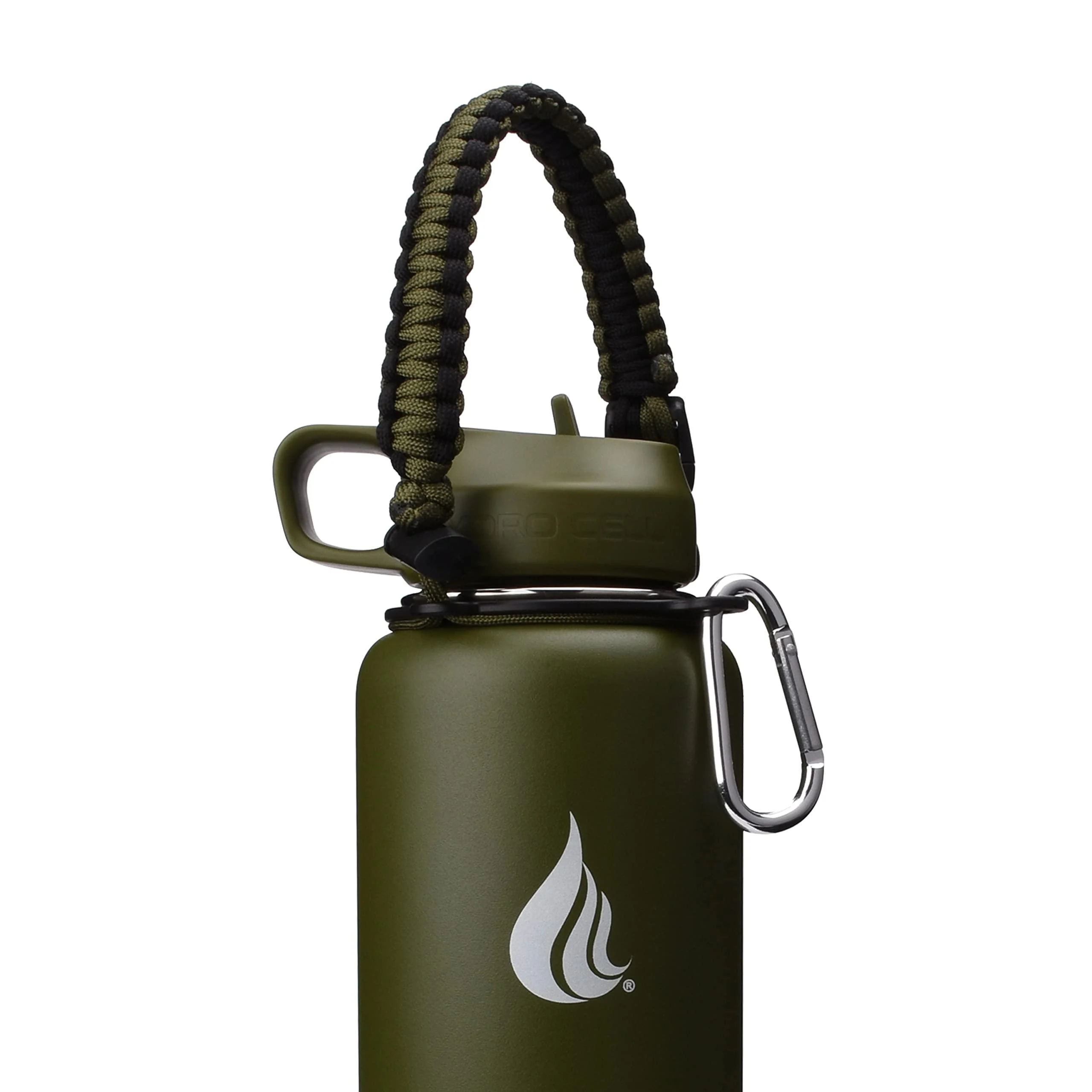 HYDRO CELL Wide Mouth Paracord Handle - Strap Carrier with Safety Ring and Carabiner. Compatible with 14, 18, 24, 32, 40, and 64 oz Stainless Steel Water Bottles Army/Black