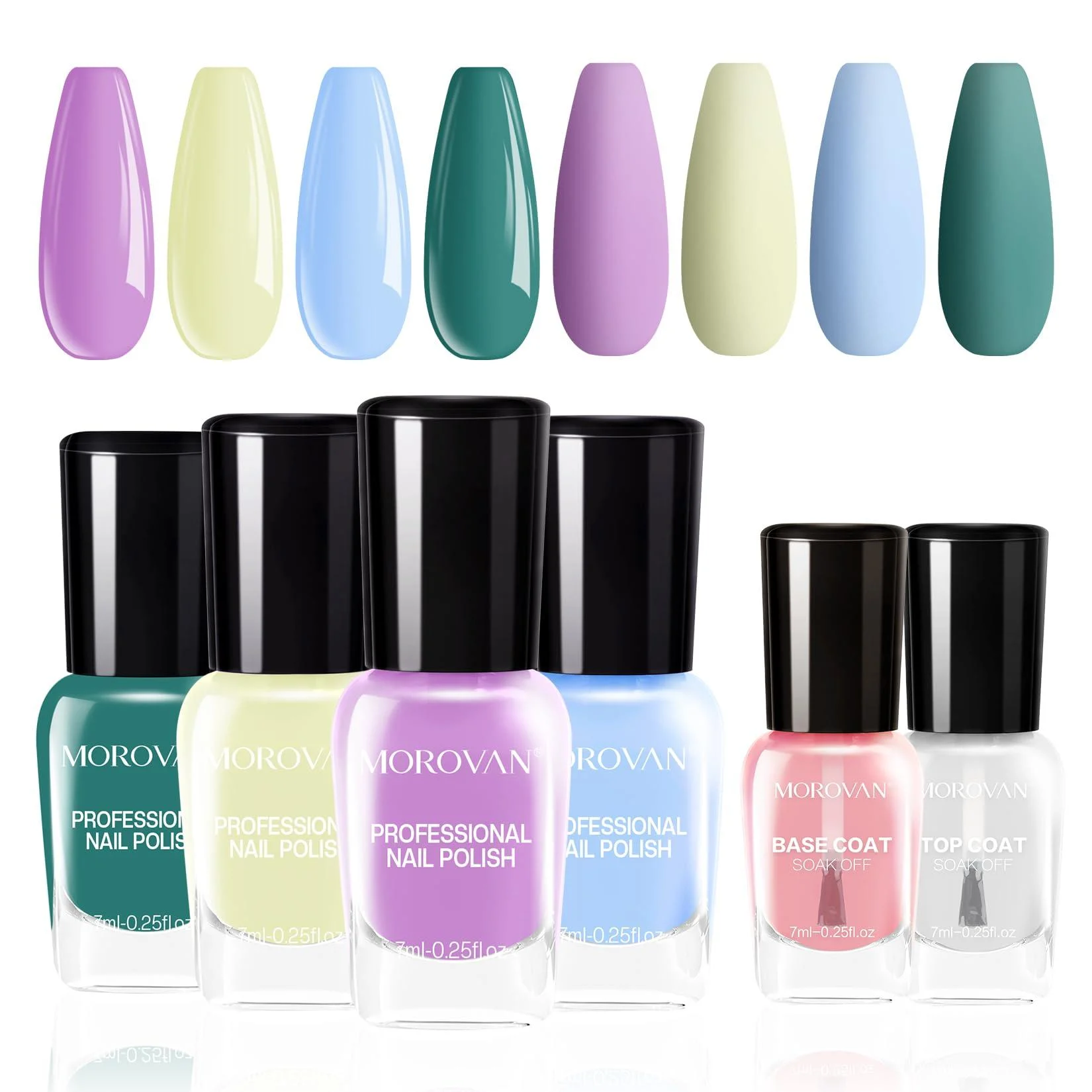 Morovan Fingernail Nail Polish Set: Air Dry Macaron Nail Polish Kit with Base & Top Coat Glossy Nail Polish Pack Regular Finger Nail Polish Bulk Toenail Polish Gift Set for Women Summer Macaron