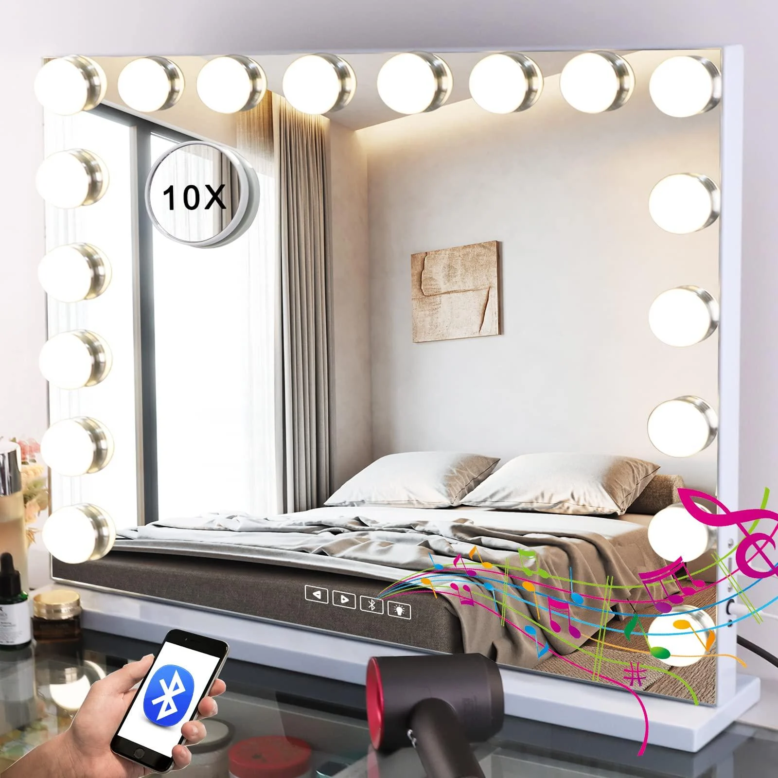 Fenair Bluetooth Vanity Mirror with Lights, 28"X23" Large Lighted Hollywood Makeup Mirror with Bluetooth Speaker 18 Brightness Adjustable Bulbs 3 Color Mode Sturdy Metal Framed Mirror for Table/Wall 28x22inch Bluetooth