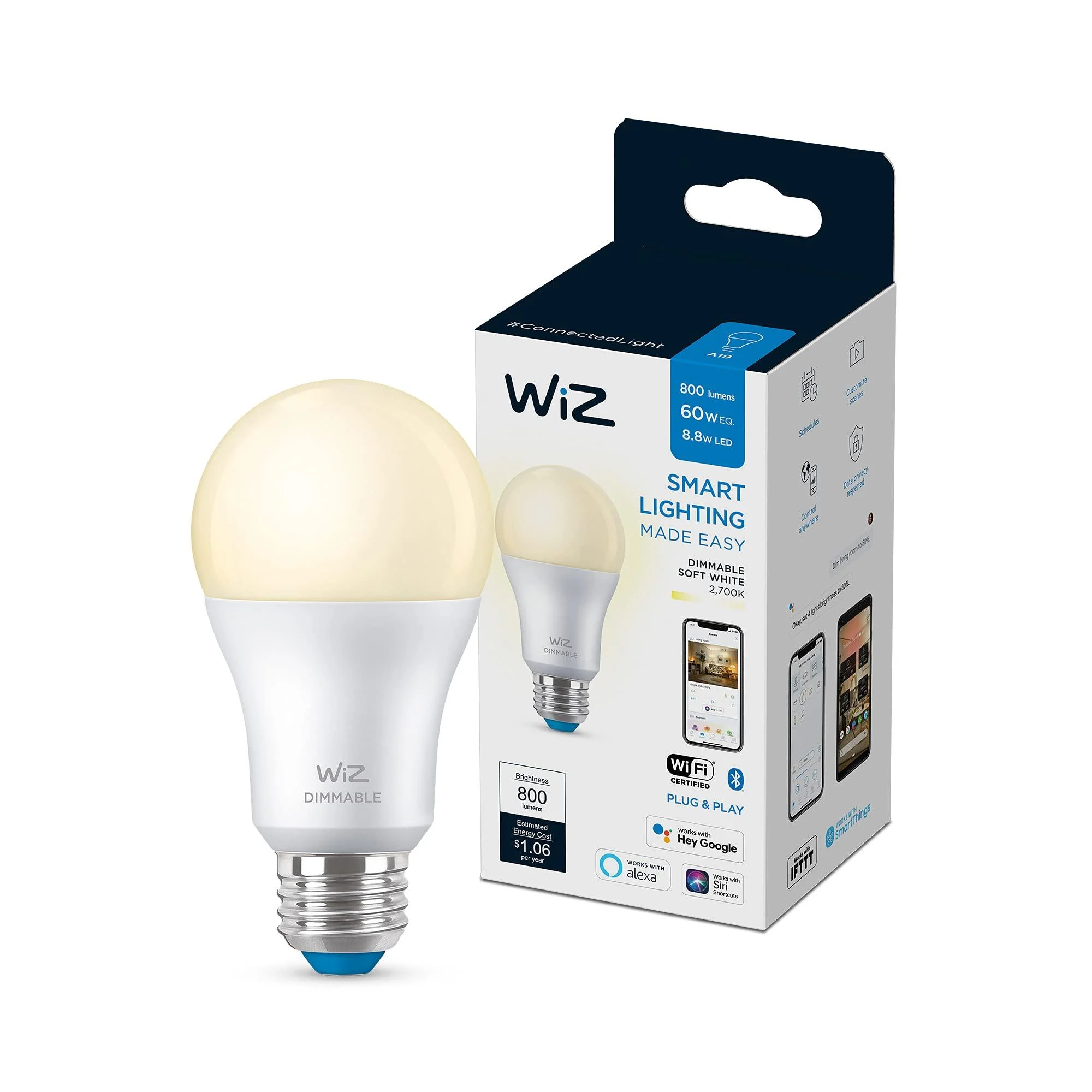 WiZ Connected Soft White 60W A19 Smart WiFi Light Bulb, Dimmable 2700K, Compatible with Alexa and Google Home Assistant, No Hub Required,Soft White (Dimmable Only),1 Bulb A19 Soft White (2700k) 1 Count (Pack of 1)