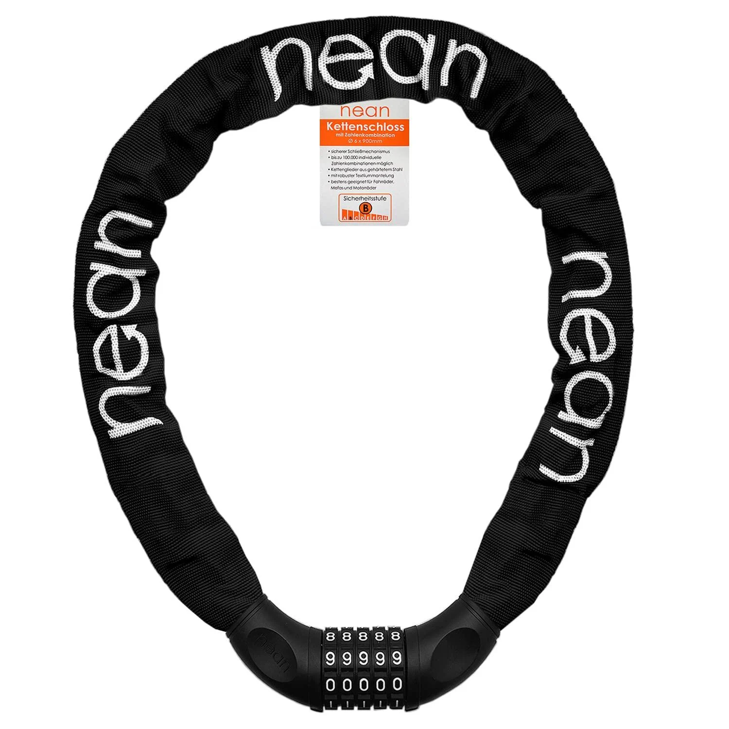 NEAN bike lock with numbers and high safety level chain lock number lock with code combination hardened steel chain members black 6 mm x 900 mm black black