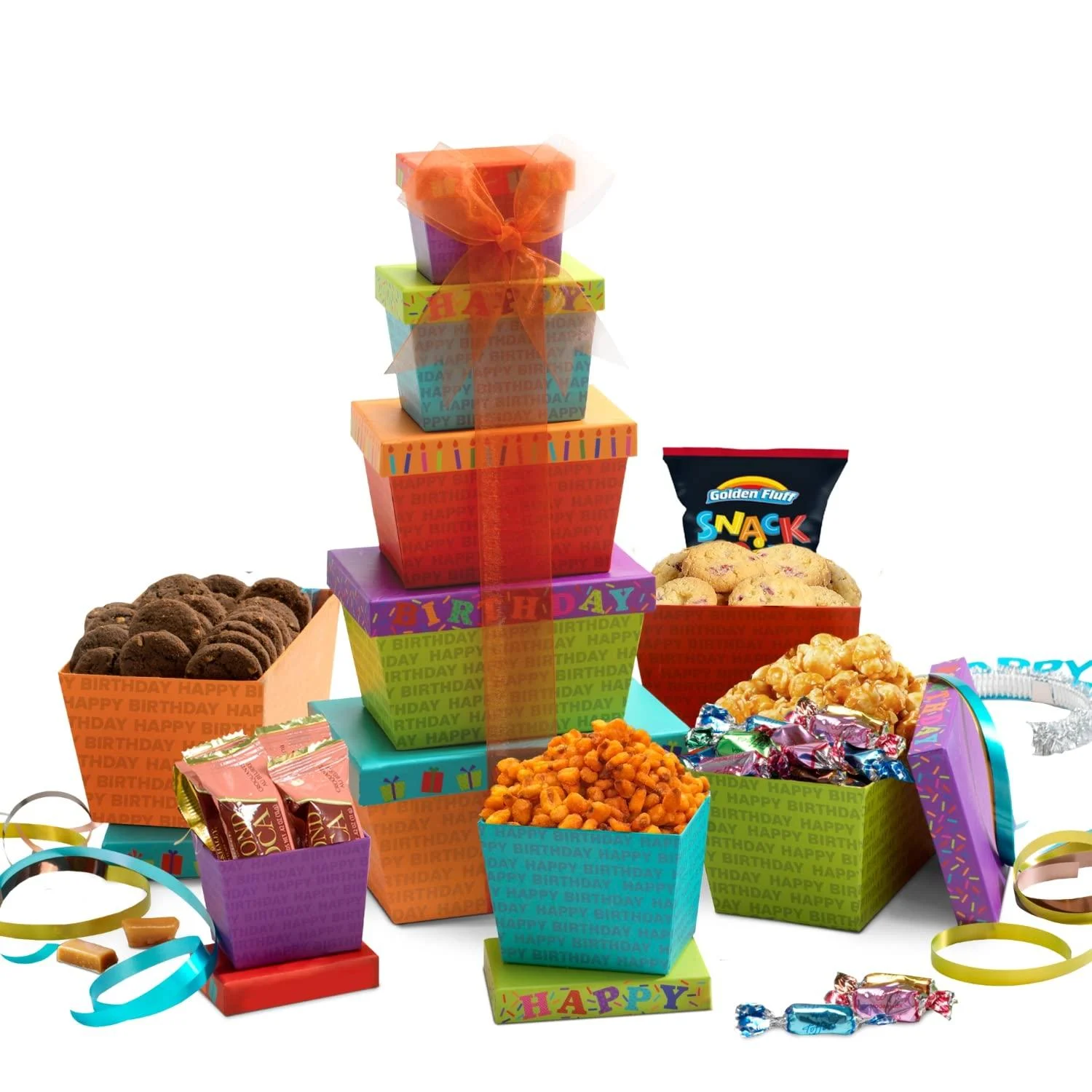 Broadway Basketeers Gourmet Food Gift Basket Tower for Birthdays Curated Snack Box, Sweet and Savory Treats for Parties, Best Wishes, Birthday Presents for Women, Men, Mom, Dad, Her, Him, Families