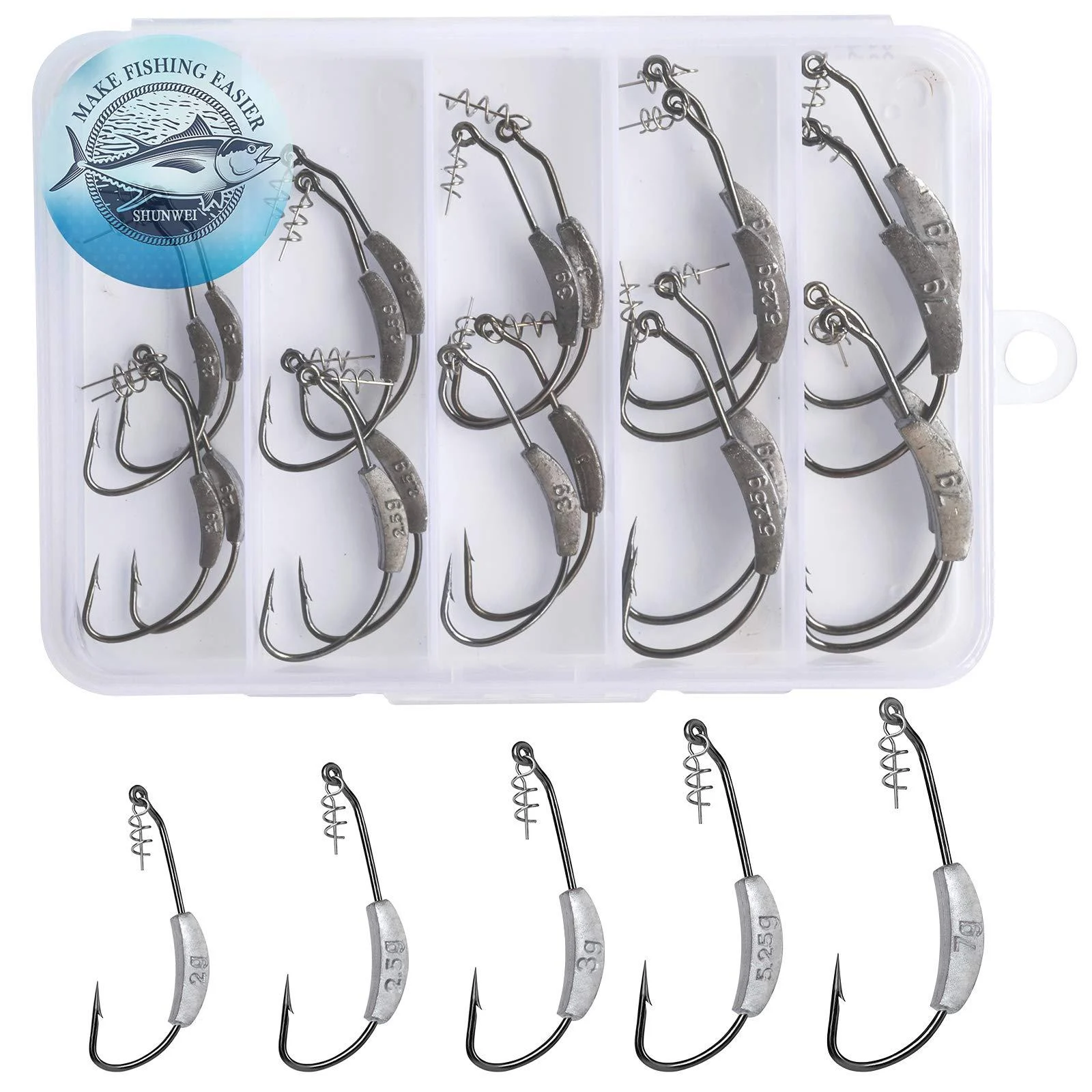 SHUNWEI 25 Pcs/Box Weighted Swimbait Hooks, Weighted Fishing Hooks Saltwater Mixed 5 Size 25 Pcs Mix Size