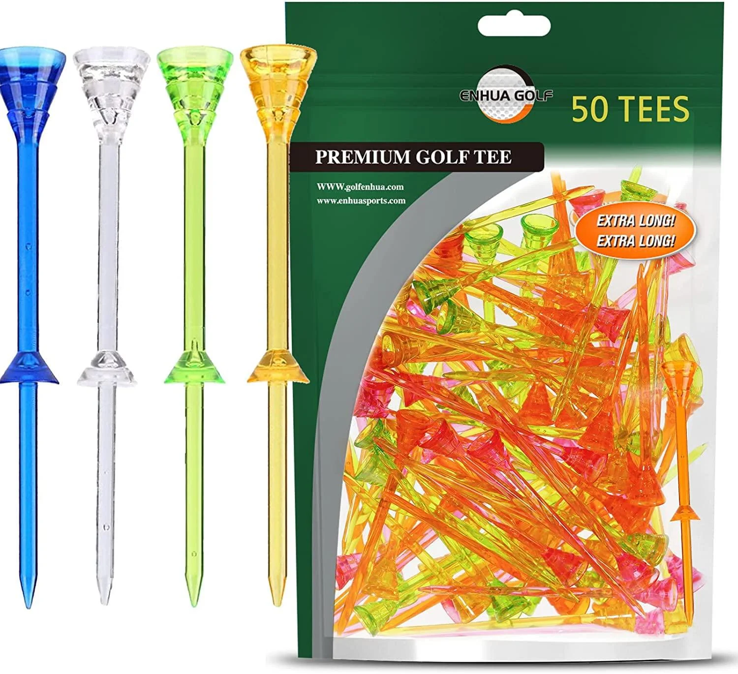 ENHUA GOLF Plastic Tees,3 1/4 Inch Long,Frictionless Step Golf Tee Bulk,Small Cup,Durable Reusable and Unbreakable 100-Mixcolor