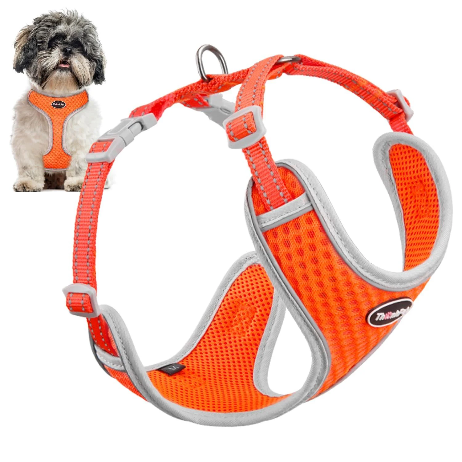 ThinkPet Reflective Breathable Soft Air Mesh No Pull Puppy Choke Free Over Head Vest Ventilation Harness Leash Set for Puppy Small Medium Dogs (Harness Leash Set Neon Orange S) S Harness Leash Set Orange