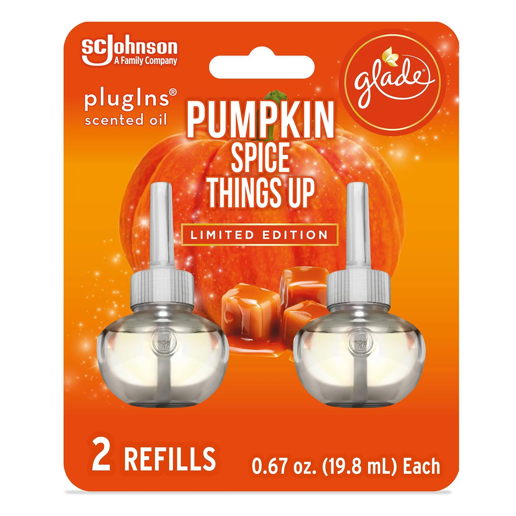 Glade PlugIns Refills Air Freshener, Scented and Essential Oils for Home and Bathroom, Pumpkin Spice Things Up, 1.34 Fl Oz, 2 Count