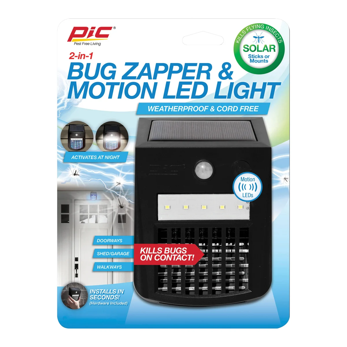 Pic SOLAR-SL Solar Bug Zapper and Motion Sensor LED Light, Outdoor, 700 V, Black