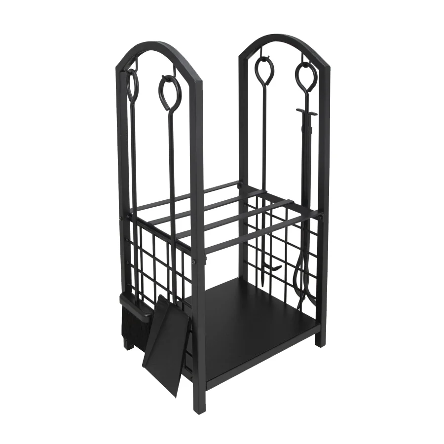 T88091BK Fireplace Log & Took Rack Set, 12 in W, 29-1/4 in H, Steel Base, Powder Coated, Black